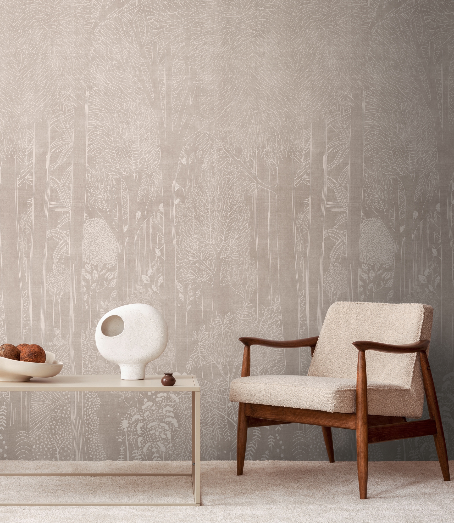 living walls Vliestapete "Vibes & Styles Elara – Silent Forest Fototapete" Kunst leicht strukturiert Zarte Waldszene mit filigranen Details und sanfter, eleganter Tiefe