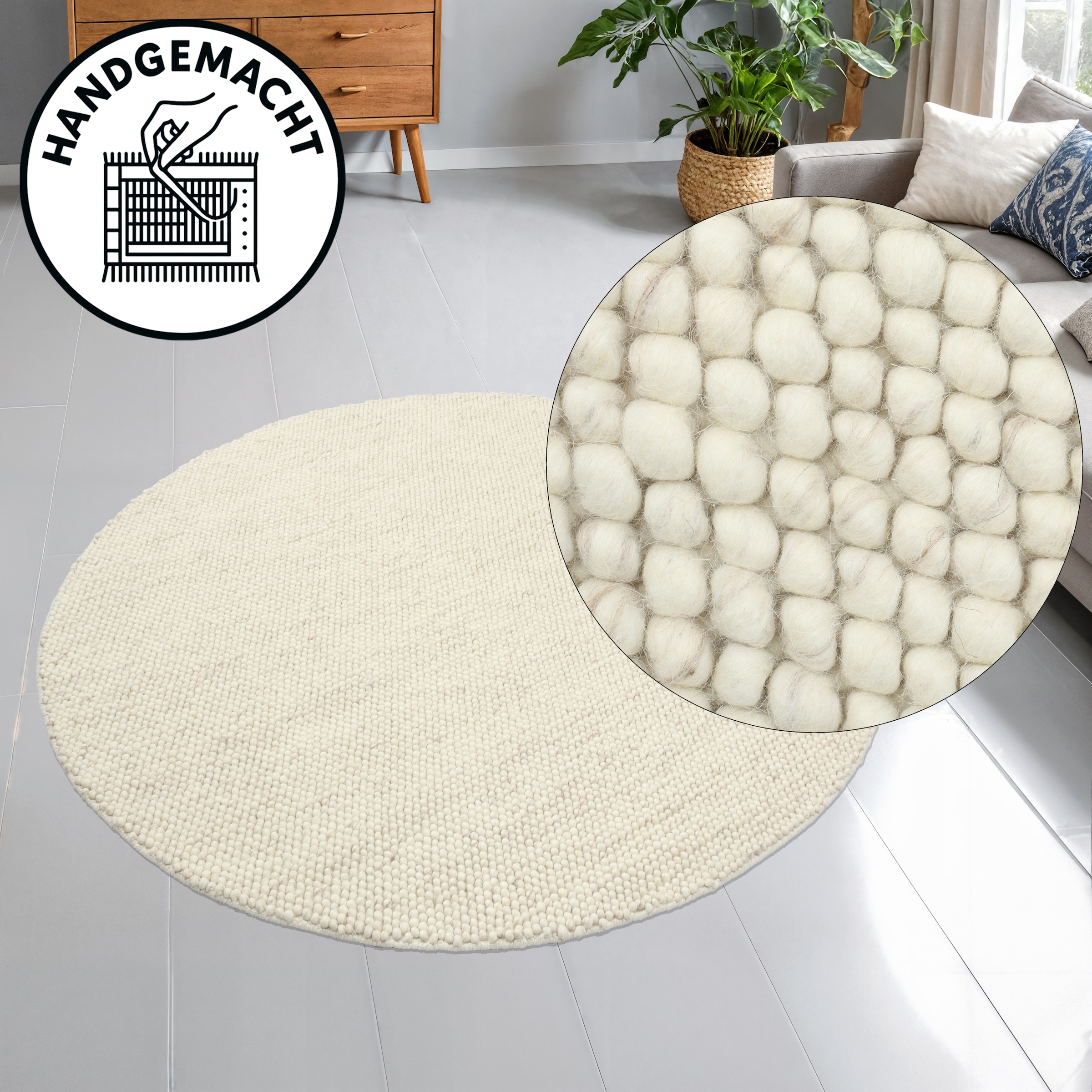 OTTO home Wollteppich »Wolly« rund 14 mm Höhe Wolle, handgewebt, Handweb Teppiche, Wohnzimmer, Schlafzimmer