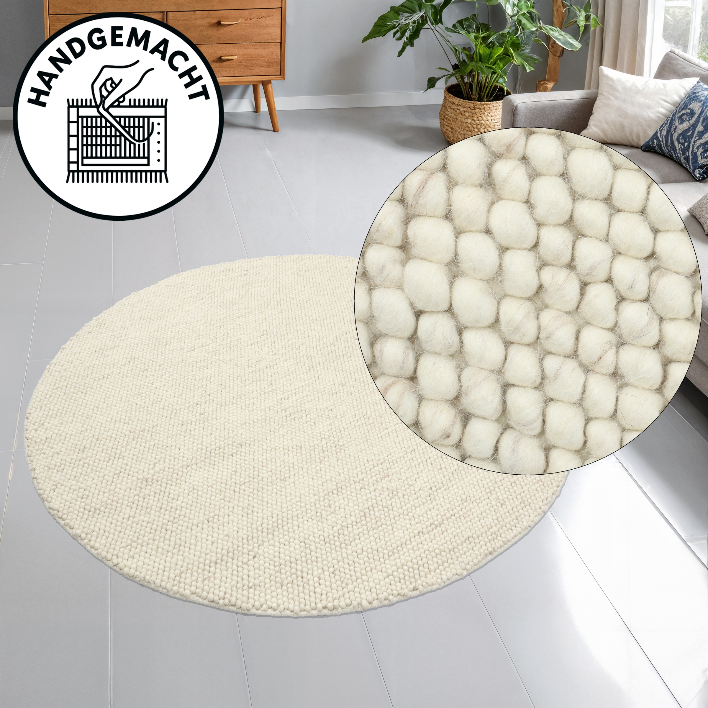 OTTO home Wollteppich "Wolly, Wolle" rund 14 mm Höhe handgewebt, Handweb Teppiche, Skandi, Wohnzimmer, Schlafzimmer