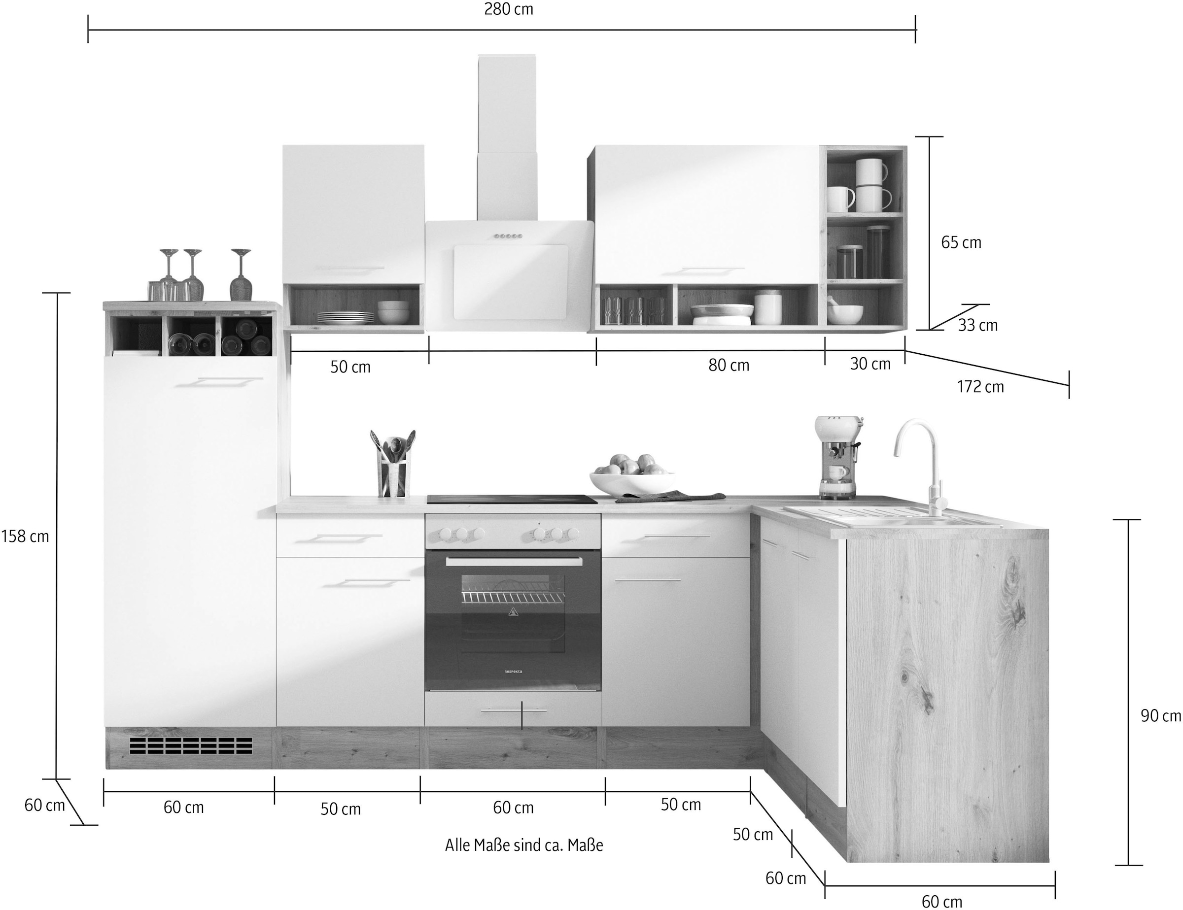 RESPEKTA Küche »Hilde«, Breite 280 cm, wechselseitig aufbaubar