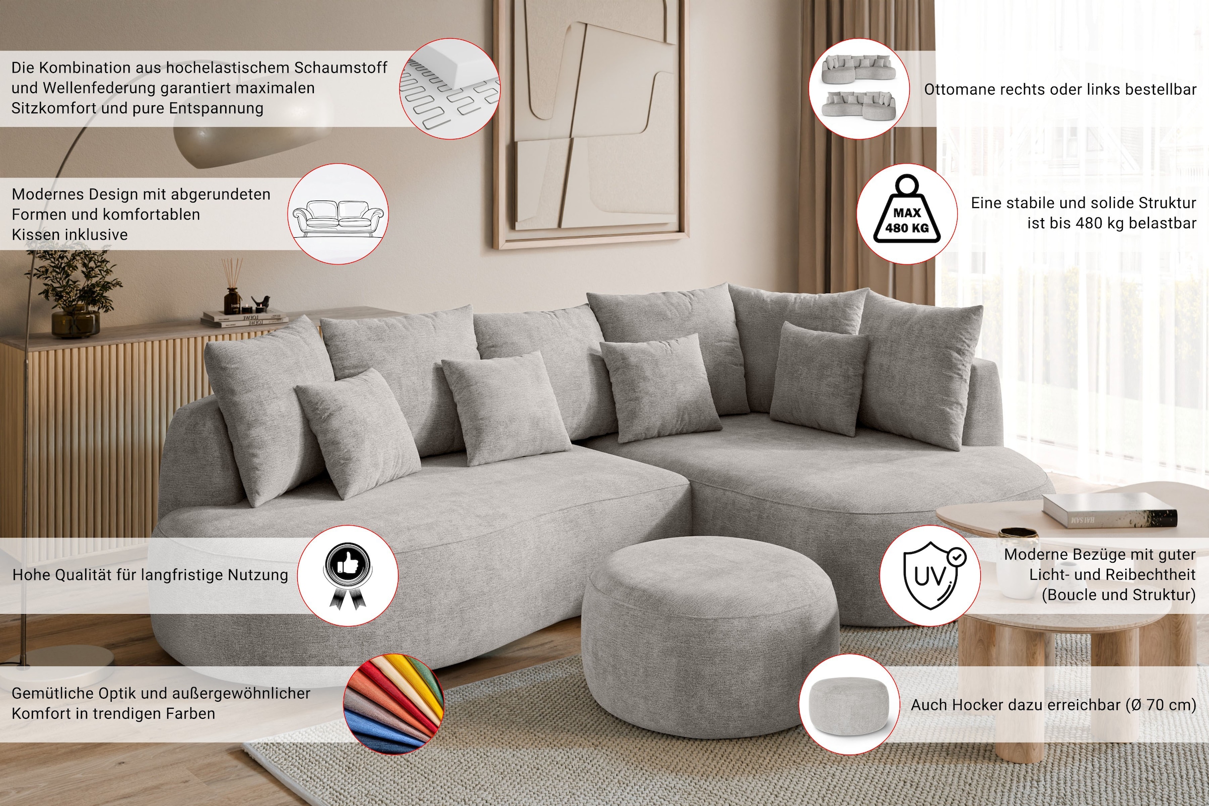 homsy by Ana Johnson Ecksofa »PEBBLA L-Form mit vielen Kissen, modernes Design, Bezug- Struktur« Breite 267 cm, Design-Sofa mit Ottomane recht/links bestellbar
