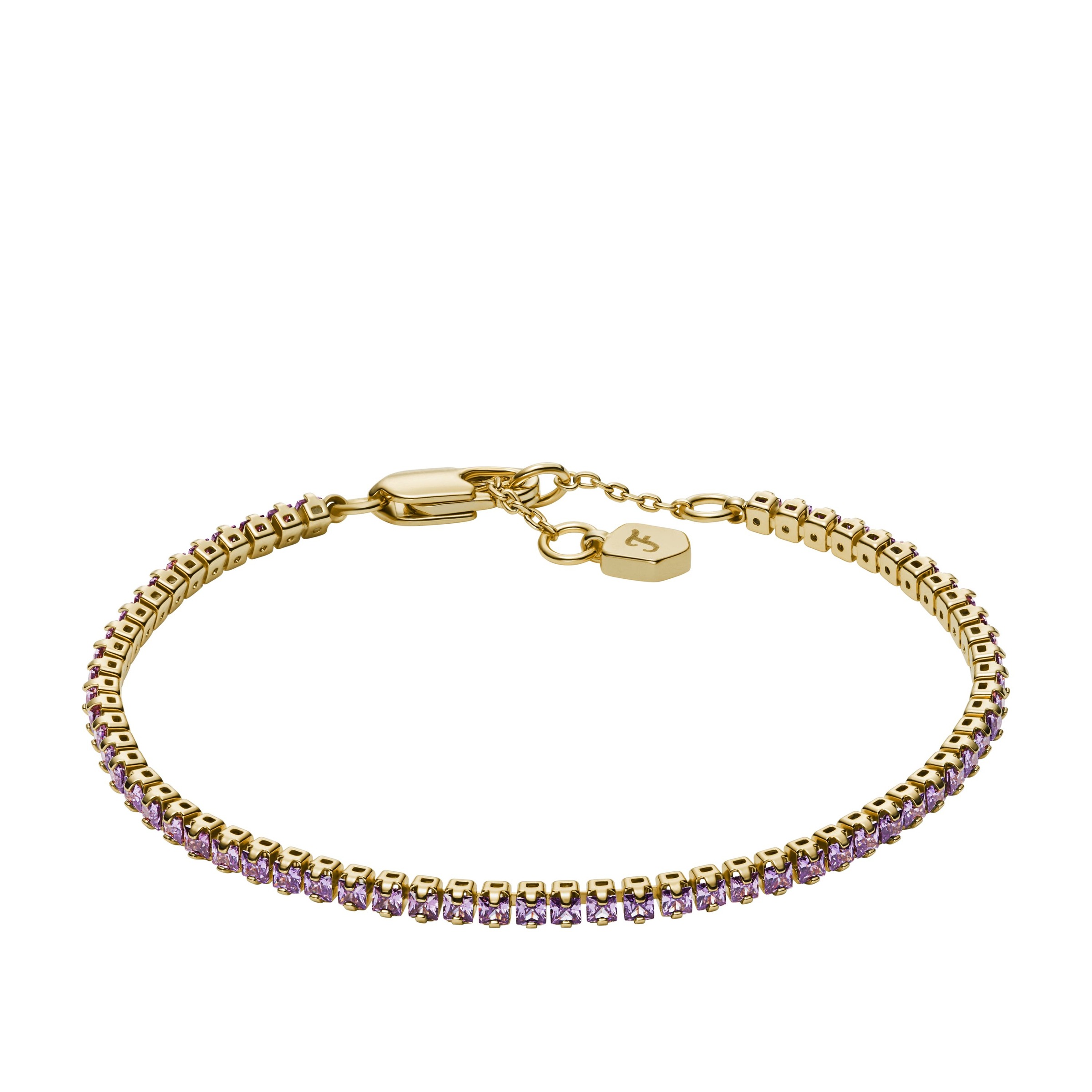 Tennisarmband FOSSIL "Schmuck Geschenk Metall ELLIS", gelbgoldfarben, lila, lila, Armbänder, Damen, 19cm, Metall, Tennisarmband, mit Zirkonia (synth.) 3