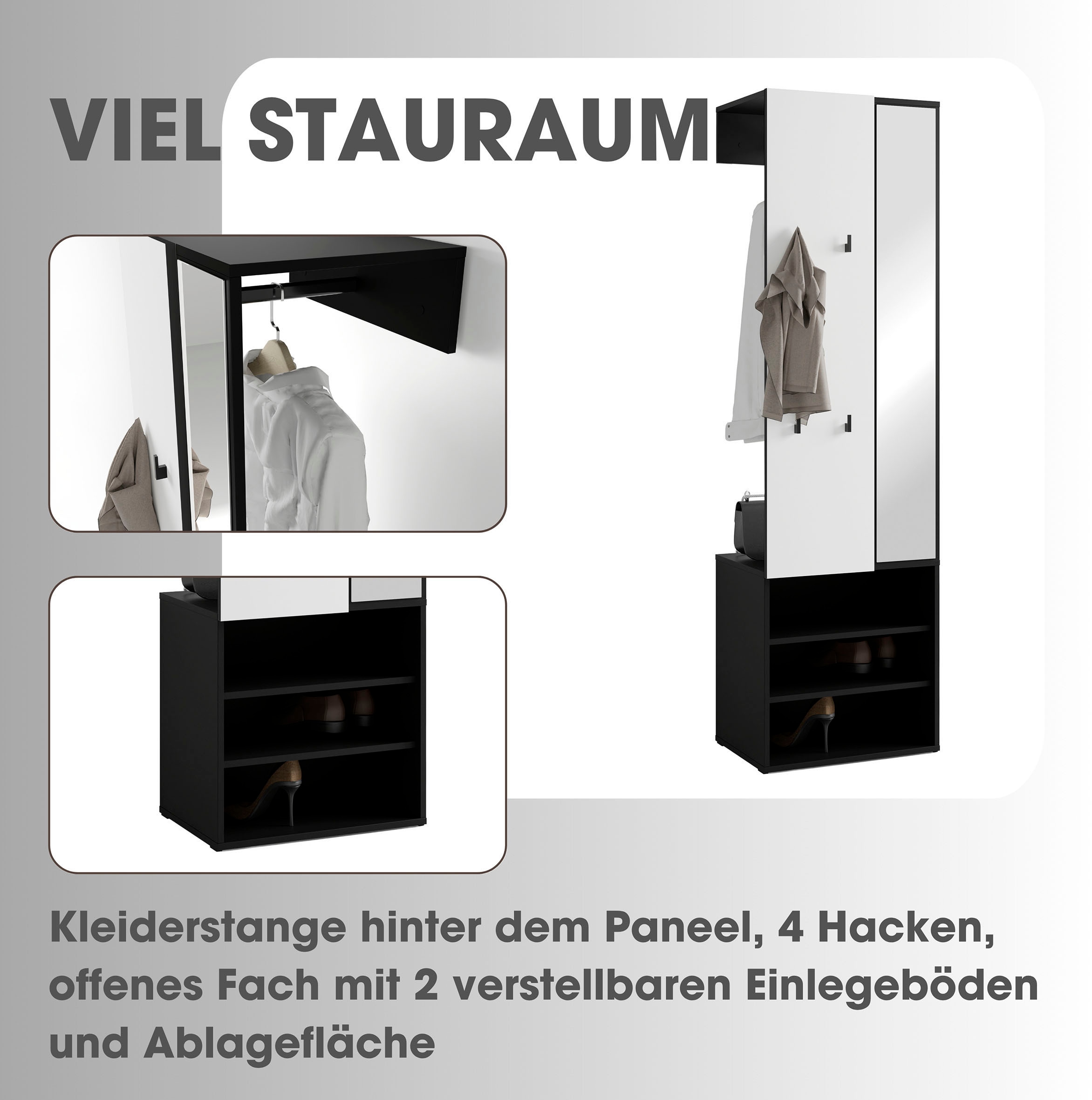 byLIVING Kompaktgarderobe »Dielen - Set Andorra«, (1 St.), maximale Ordnung auf wenig Fläche mit Spiegel, Kleiderstange und Haken