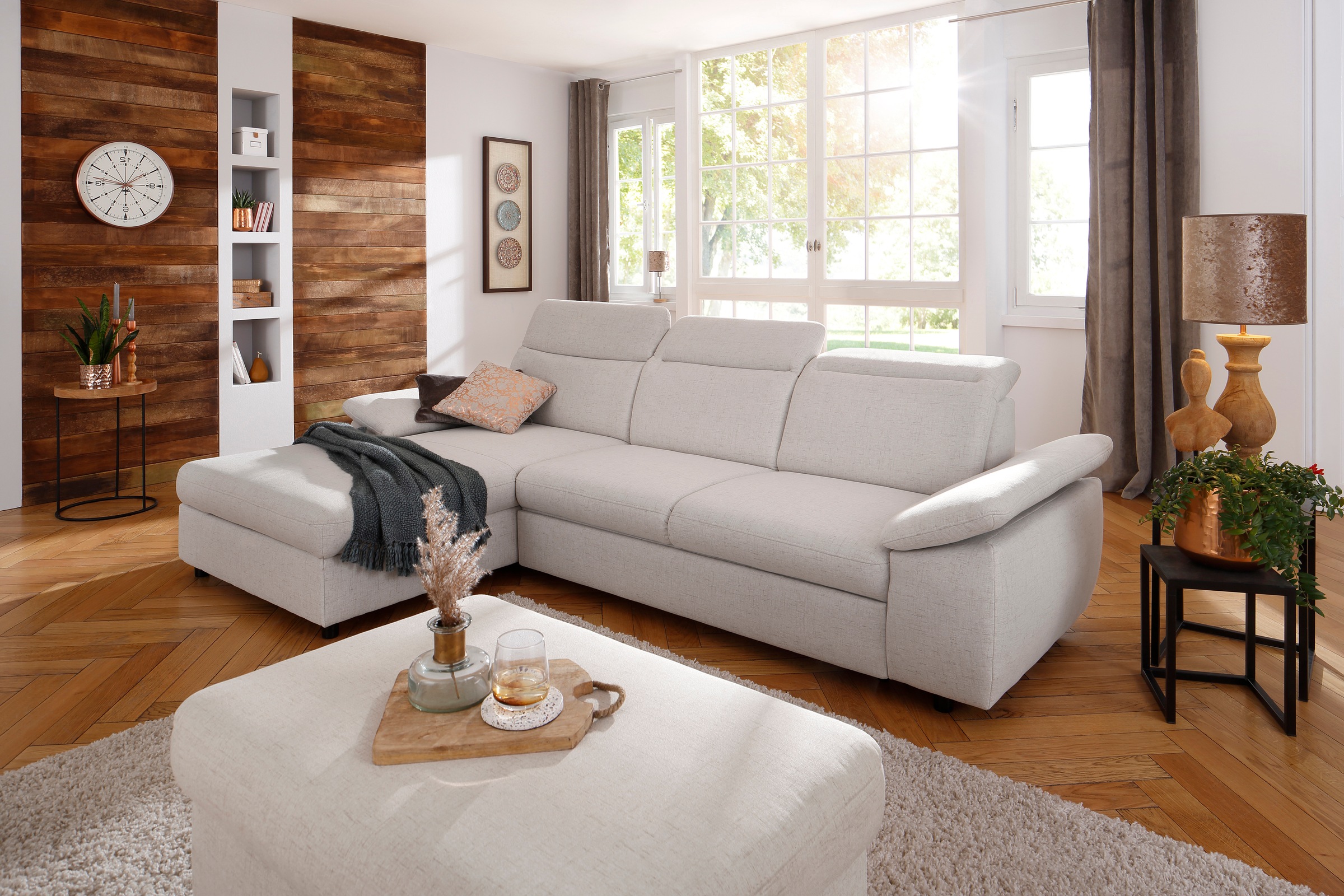 Ecksofa HOME AFFAIRE "Mauritius L-Form", beige (natur), B:287cm T:178cm, Struktur fein (100% Polyester);Luxus-Microfaser Lederoptik (100% Polyester);Soft clean (98% Polyester, 2% Polyamid), Sofas, Ecksofa, mit Kopfteil- und Armlehnverstellung, mit Bettfun