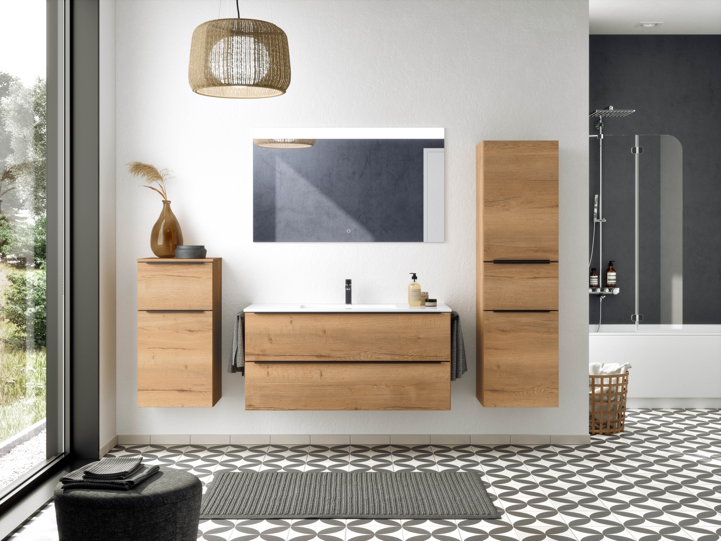 nobilia® Badmöbel-Set »Levere«, (2 St., vormontiert, mit Soft-Close), inkl. Spiegel mit Touch-Sensor, in vier Breiten