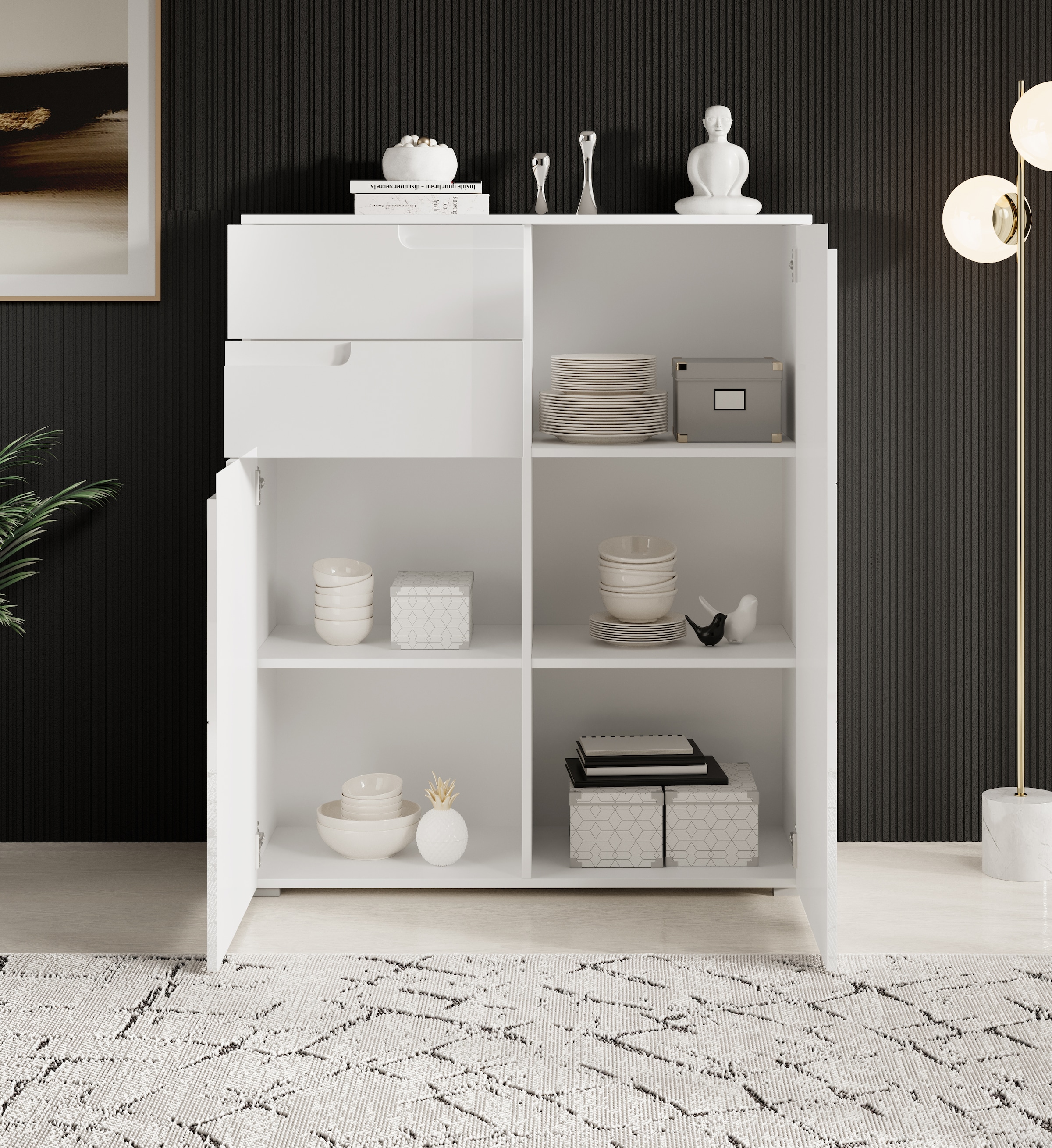 HBZ Kommode »Spice weiß hochglanz, BxHxT 100x119x40 cm«, Kommode mit 2 Türen, 2 Schubkästen und 3 Einlegeböden