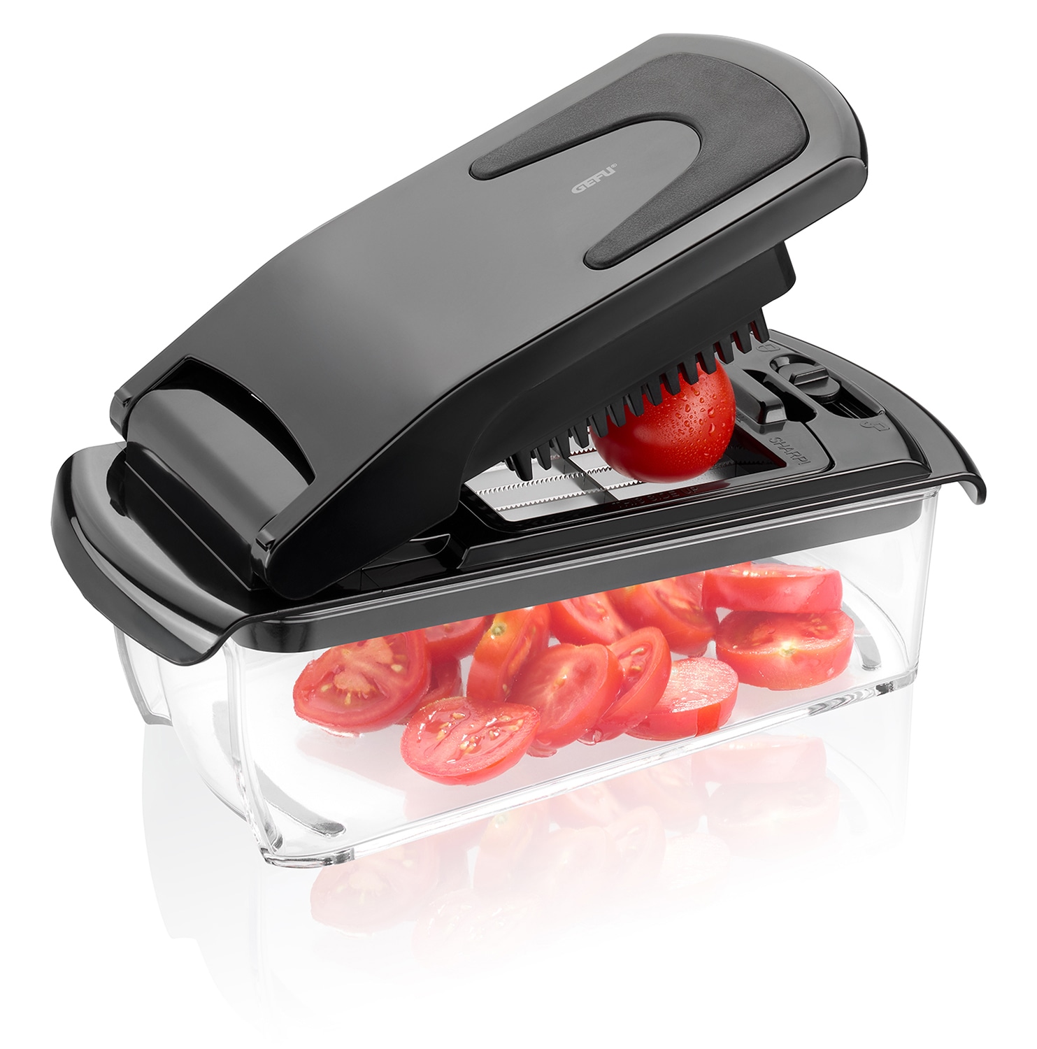 GEFU Zerkleinerer "Würfel- und Stifteschneider + 3 Schneidgitter", B:11,2cm H:11,5cm T:27cmschwarz, transparent, Zerkleinerer, Aufbewahrungsdeckel