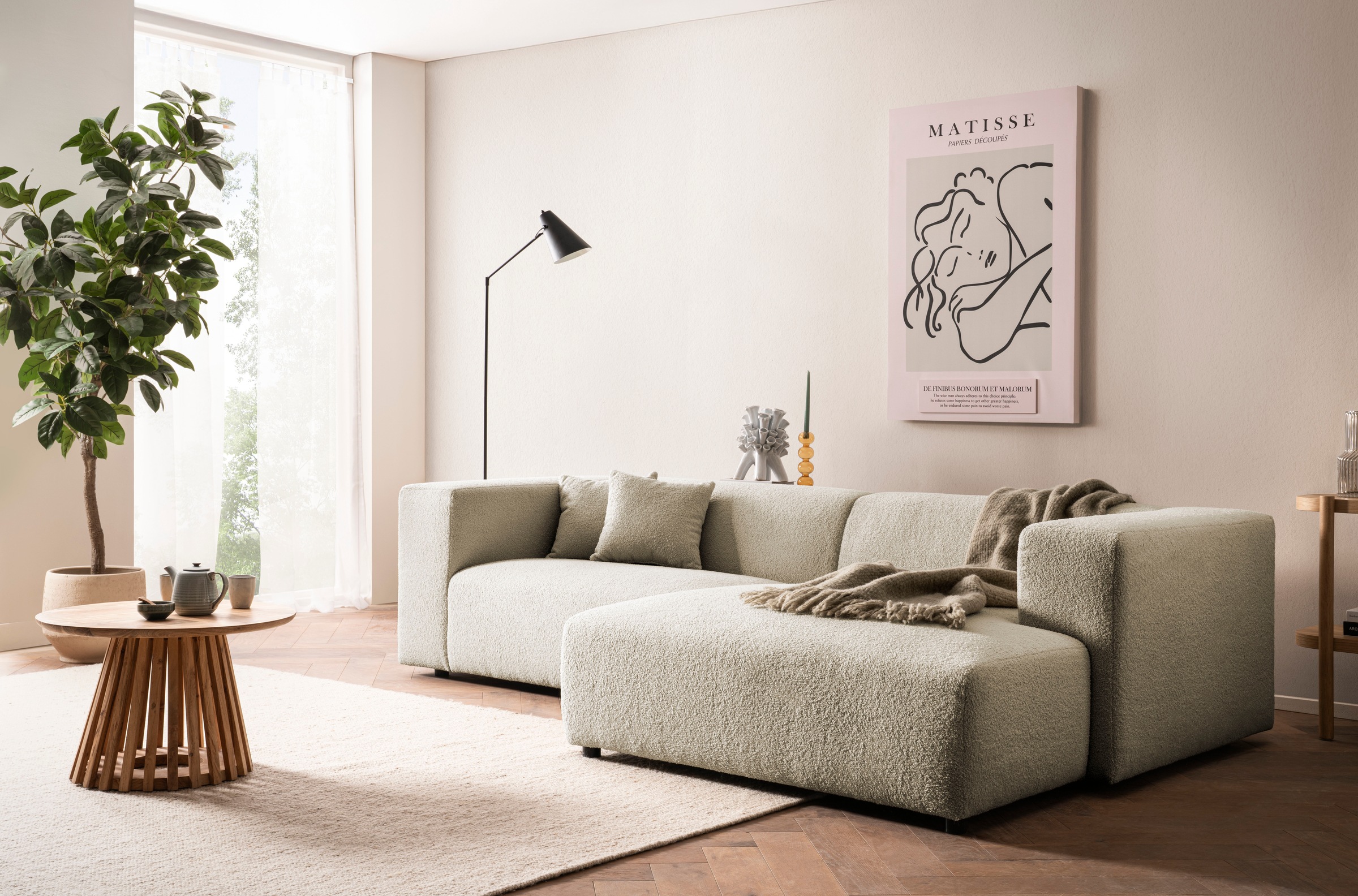andas Ecksofa »BAKELS, L-Form in Cord oder Boucle-Stoff, moderne Couch«, wahlweise Recamiere rechts/links, bequemer Sitzkomfort