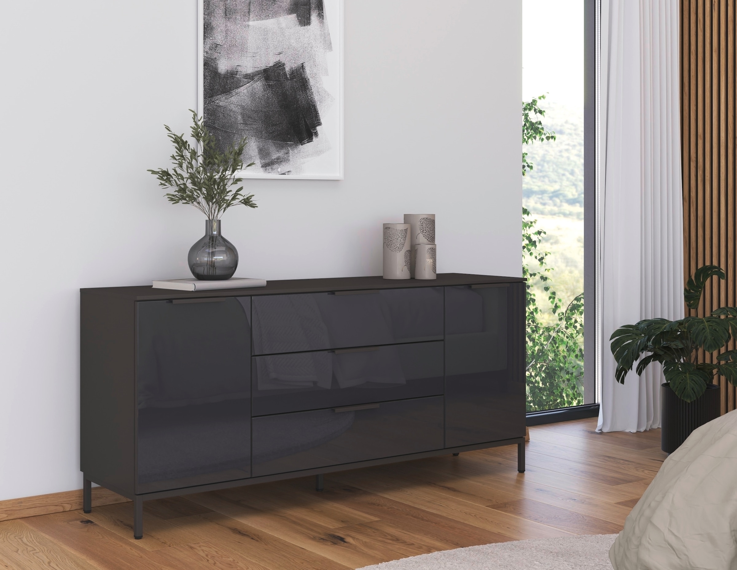 rauch Kombikommode »Kommode Türkommode Sideboard Kombikommode FLIPP mit Glasfront«, (Breite 160 cm mit 2 Einlegeböden), 2-türig mit 3 Schubladen und Soft-Close-Funktion sowie Glasfront