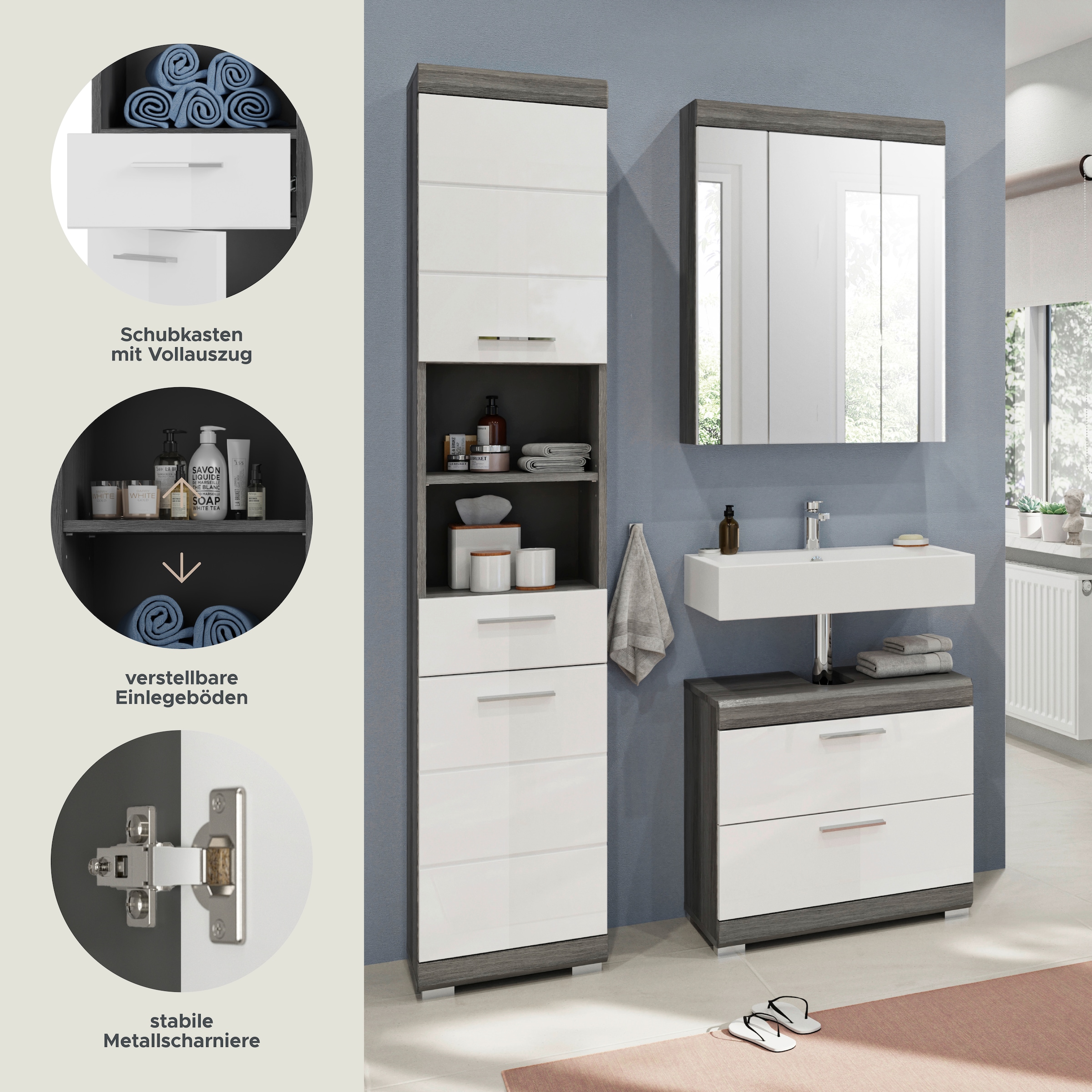 INOSIGN Badmöbel-Set »Siena, 3 teilig, bestehend aus:«, (Set, 3 St.), Hochschrank, Waschbeckenunterschrank, Spiegelschrank