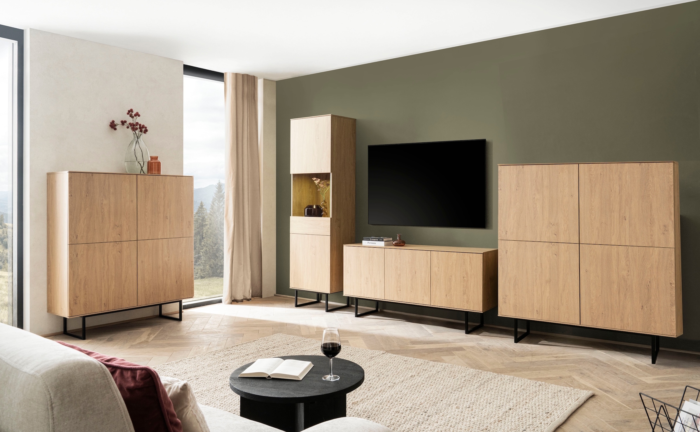 Home affaire Wohnwand »Lund, moderne Anbauwand, Wohnzimmer-Set in Stone Oak«, (3 St.), enthält Vitrine, Lowboard und Highboard