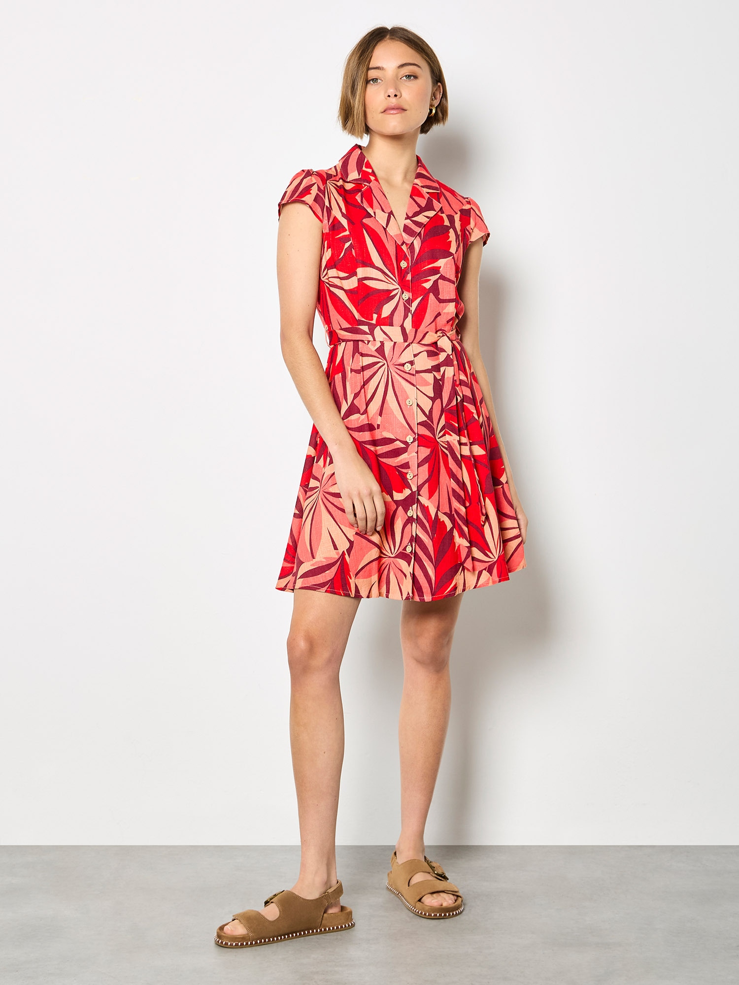 Apricot Hemdblusenkleid "Hemdblusenkleid" mit tropischem Blattmuster