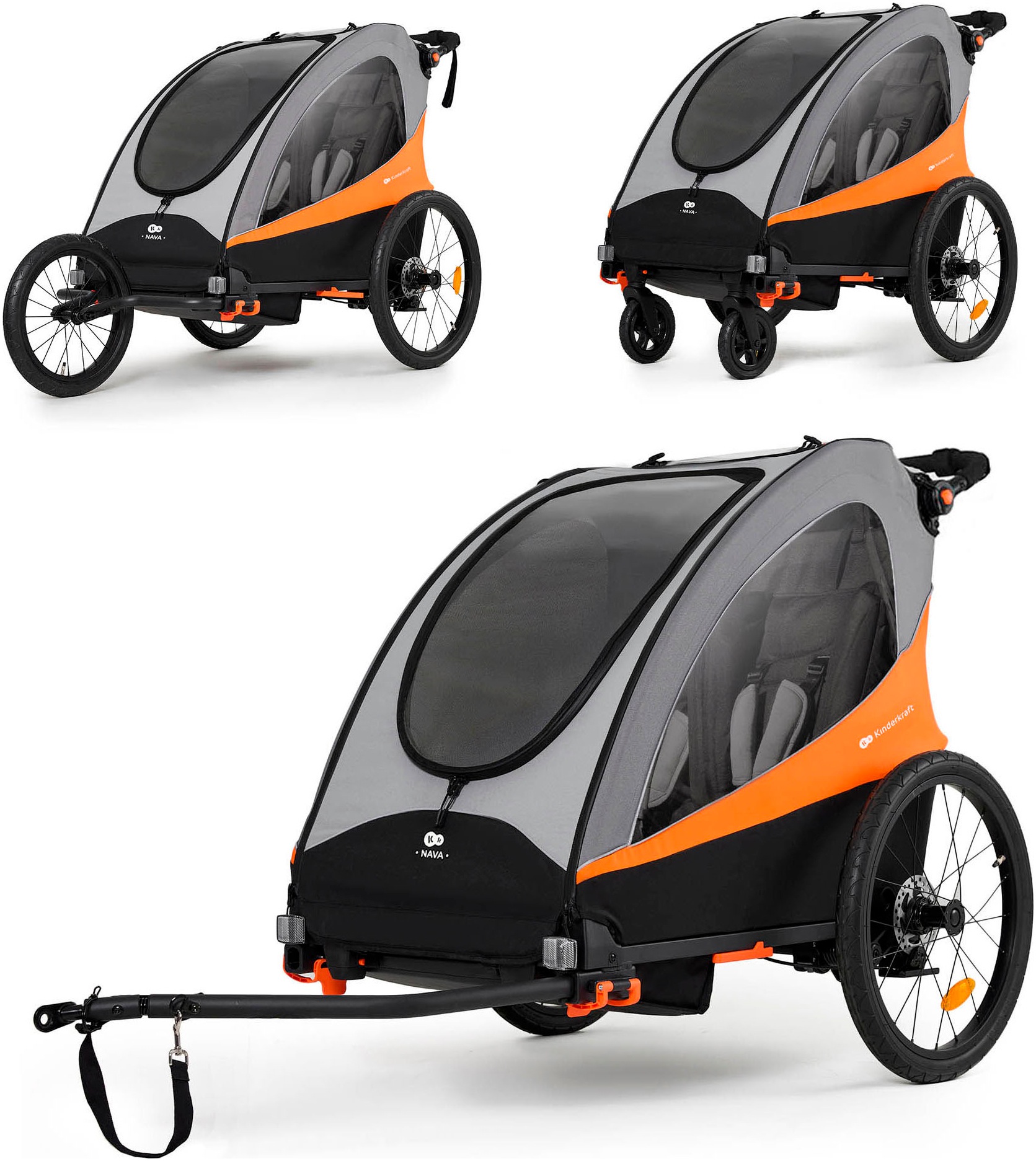 Kinderkraft Fahrradkinderanhänger "NAVA" 3in1 Fahrradanhänger, Buggy & Jogger, Hand- & Fußbremse, für 2 Kinder