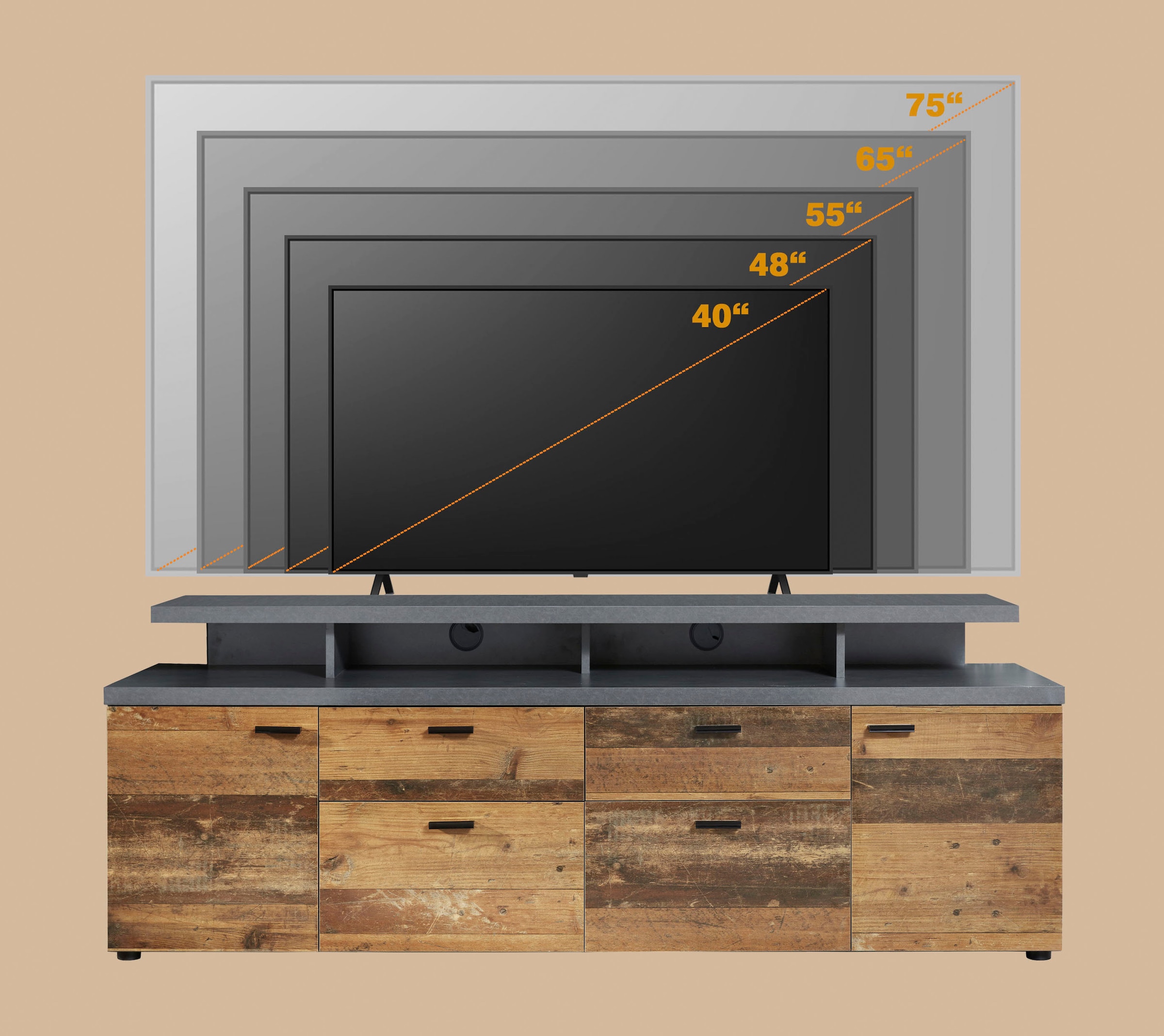 INOSIGN TV-Board »Messina«, (1 St.), TV-Lowboard mit Türen, Schubladen & Fächern - (B/T/H) 180/47/66 cm
