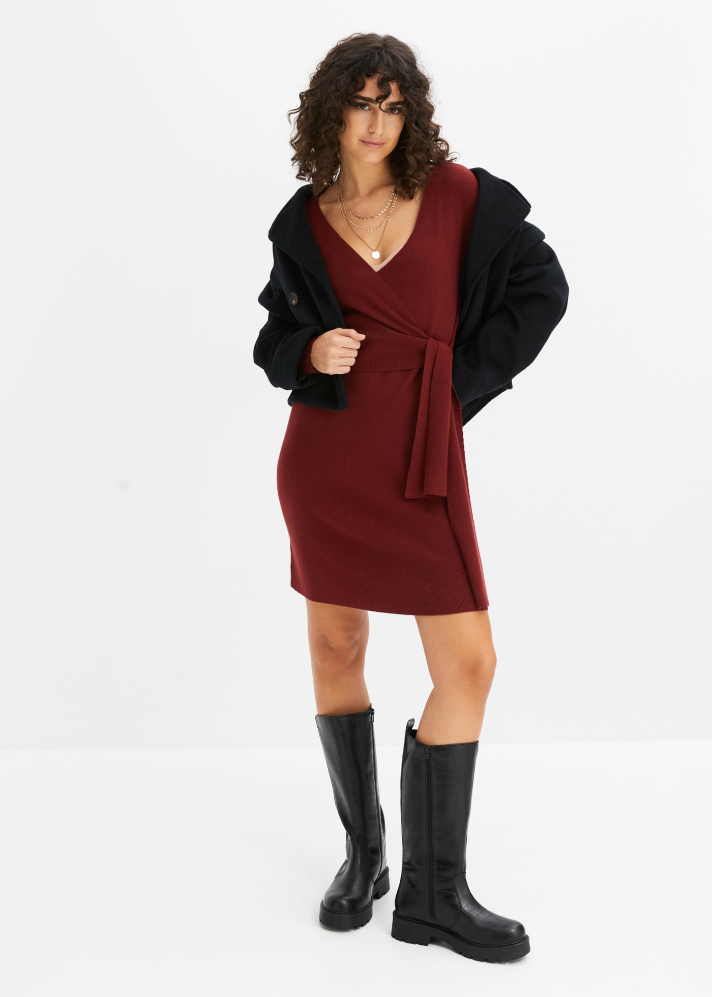 bonprix Strickkleid in Wickeloptik, mit V-Ausschnitt, slim fit