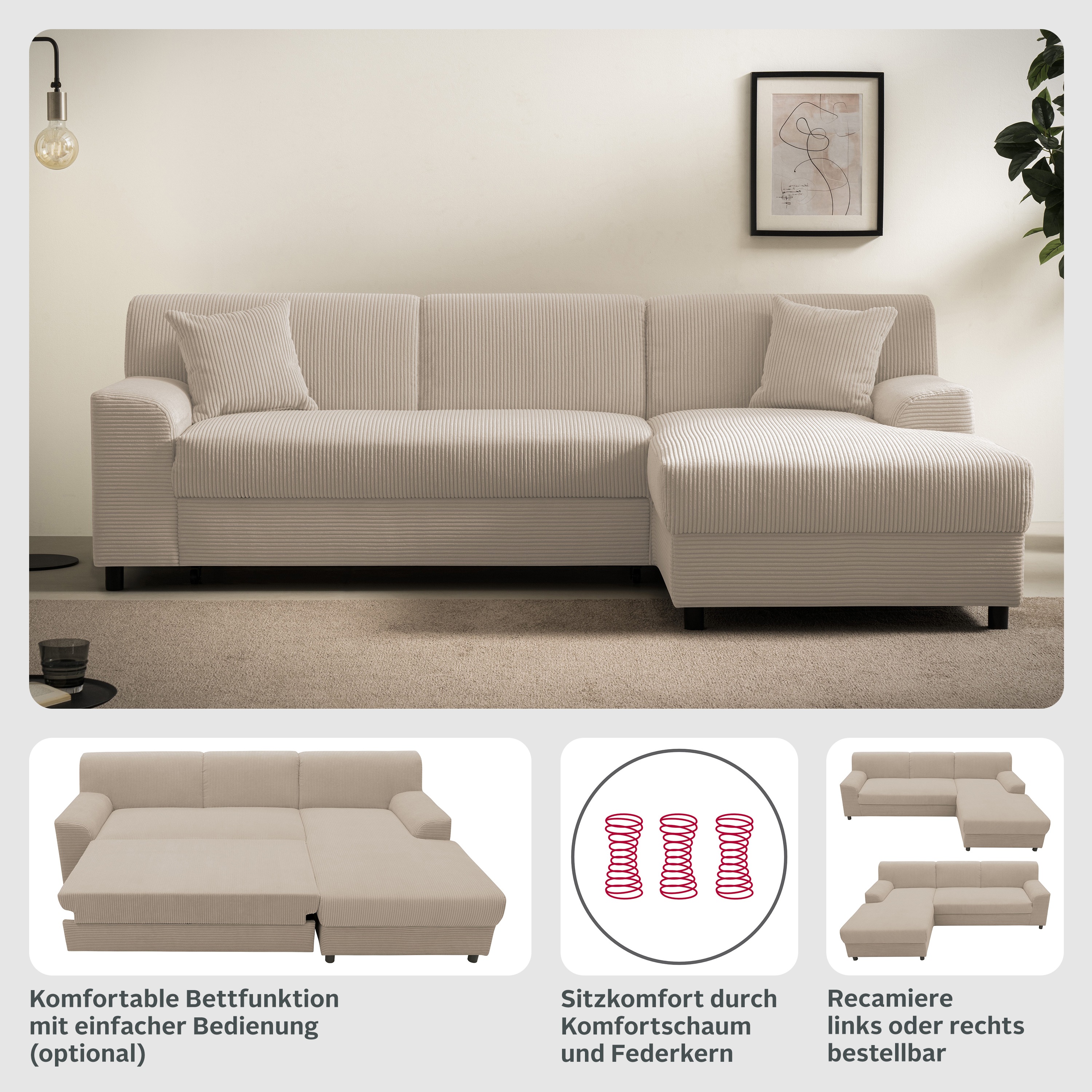 Thumbnail - DOMO collection Ecksofa "Turah 2, Cord oder Luxus-Microfaser, mit Federkern, mit Bettfunktion" B/T: 241/146 cm, inkl. Zi...