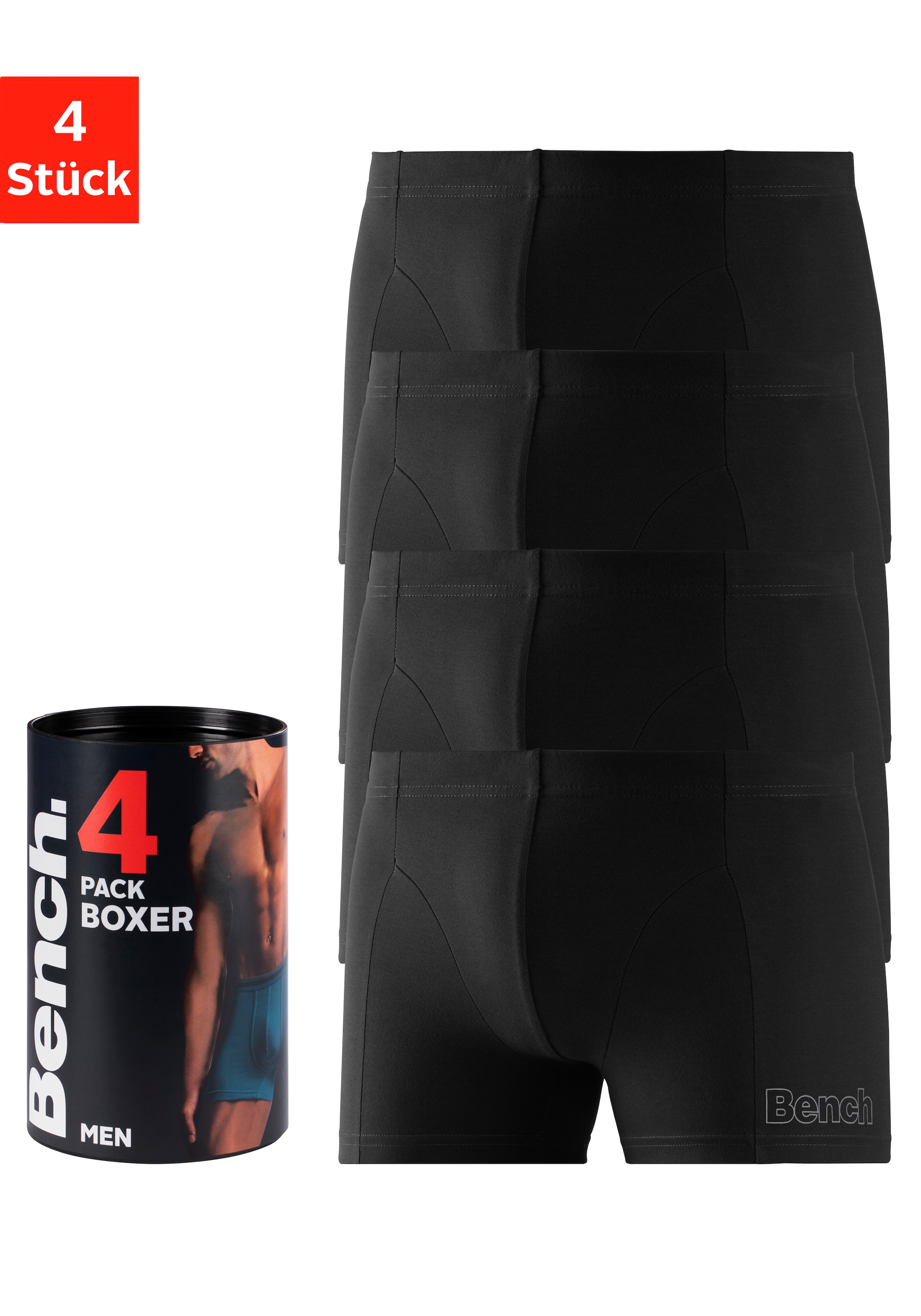 Bench. Boxer "Boxershorts für Herren" Dose, 4 Stk. Unterhosen in der Dose mit kleinem Logodruck auf dem Bein