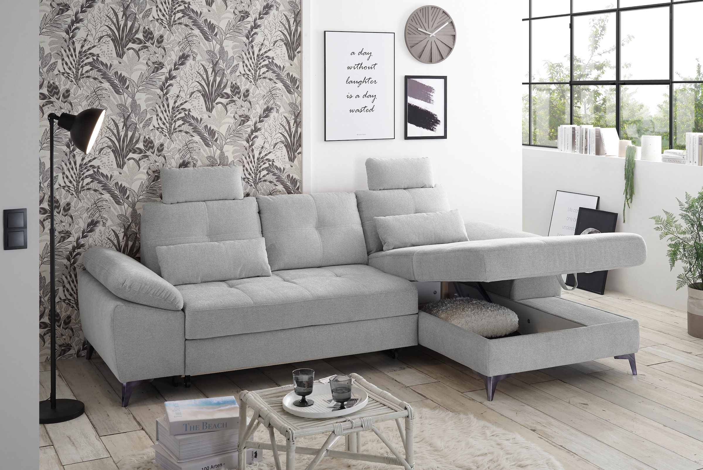 ED EXCITING DESIGN Ecksofa »Auckland L-Form mit Bettfunktion, Bettkasten«, Armteilverstellung, Kopfstützen & 2 Nierenkissen