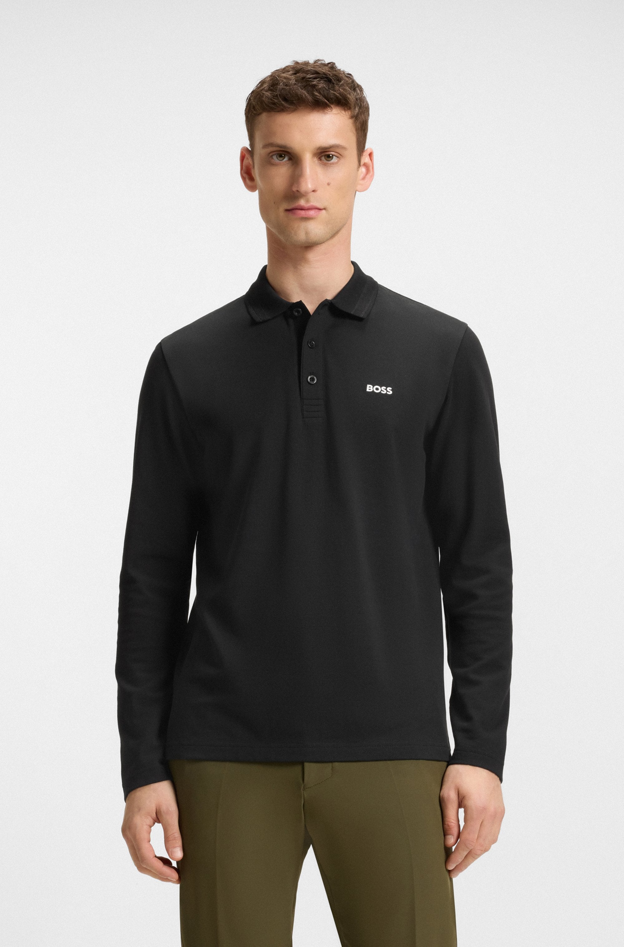 BOSS GREEN Langarm-Poloshirt »Plisy«, mit Streifen am Kragen