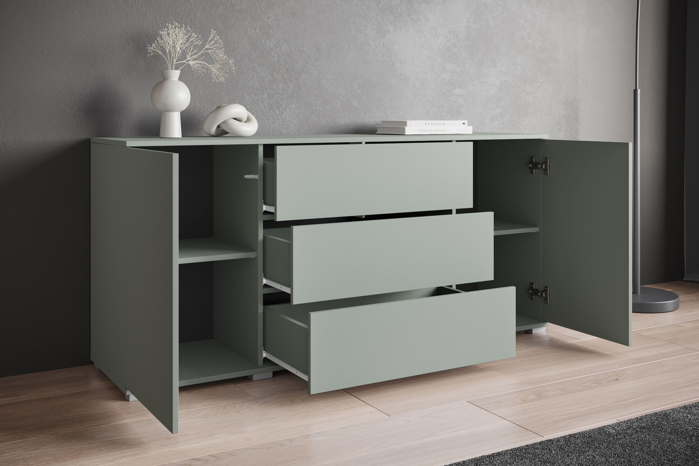 INOSIGN Sideboard »Kenia«, (1 St.), Modernes Sideboard mit 3 Schubladen und 4 Fächern, Breite 150 cm