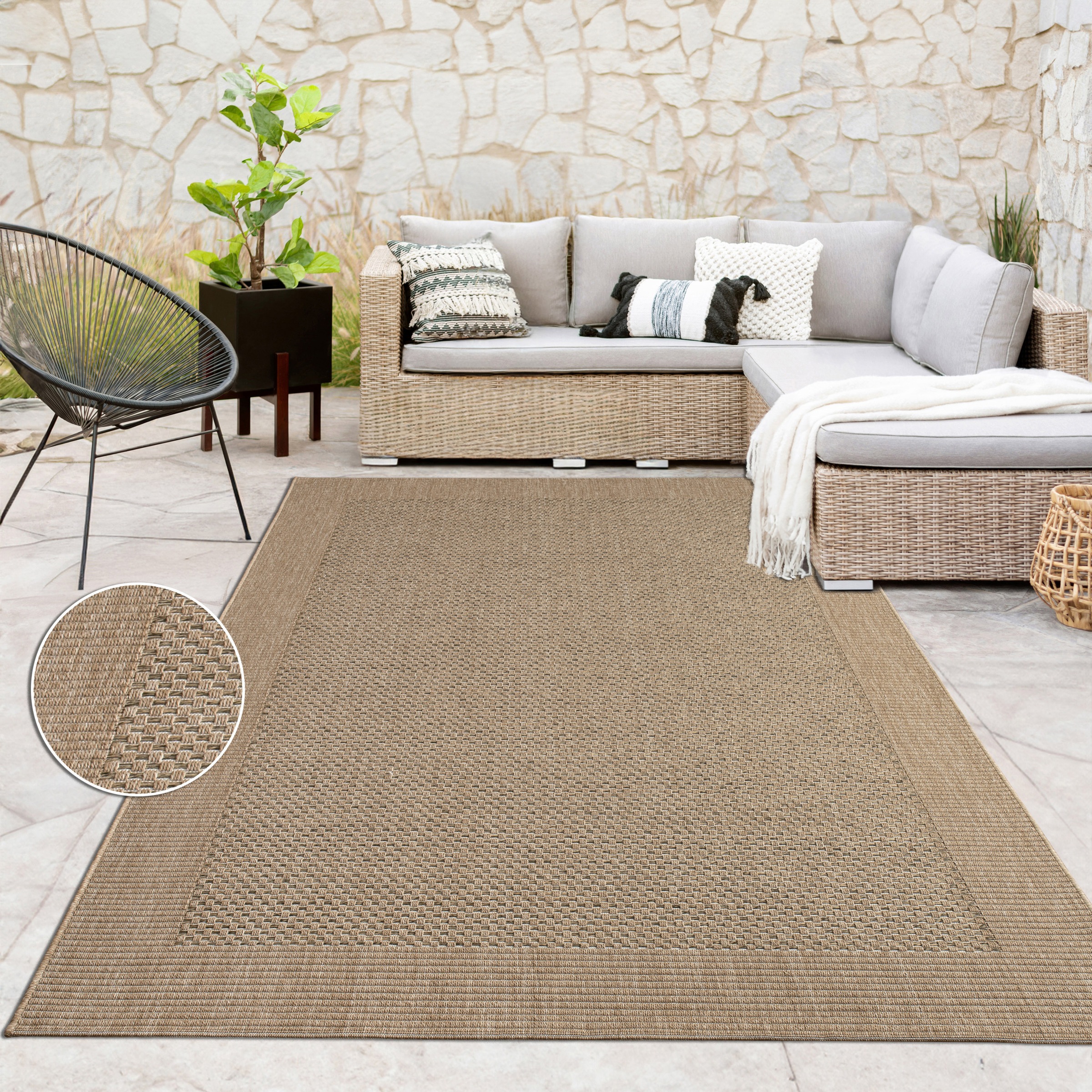 Paco Home Teppich "Waregem 621" rechteckig 4 mm Höhe Flachgewebe, meliert, mit Bordüre, Outdoor geeignet, Wohnzimmer