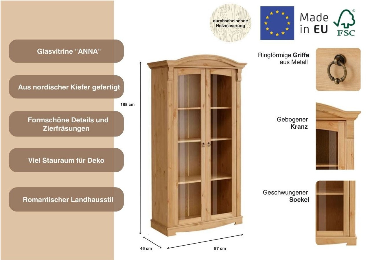 Home affaire Vitrine »Anna«, (Gesamtmaße (B/T/H): ca. 97/46/188 cm), mit Glastüren, Höhe 188 cm, Massivholz, mit Zierfräsungen, FSC®