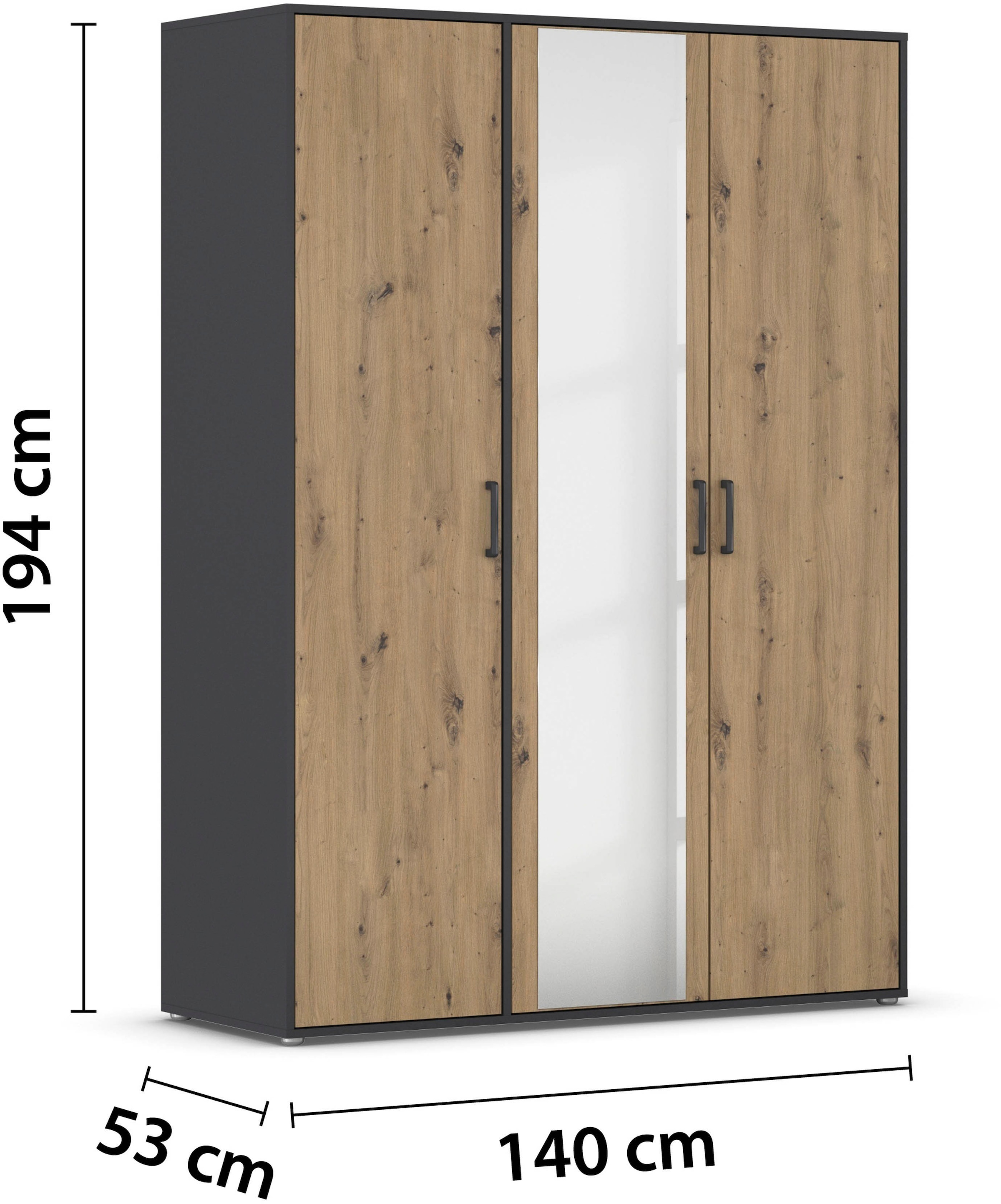 rauch Drehtürenschrank »Kleiderschrank Schrank Garderobe Wäscheschrank VOYAGER«, (in 3 verschiedenen Ausstattungen BASIC/CLASSIC/PREMIUM), mit modernen Griffen in Graumetallic und Spiegel