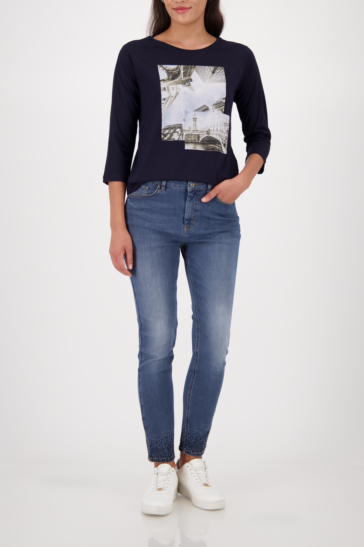 Monari 3/4-Arm-Shirt »Shirt Druck + Schmuck«, Regular fit mit Rundhalsausschnitt