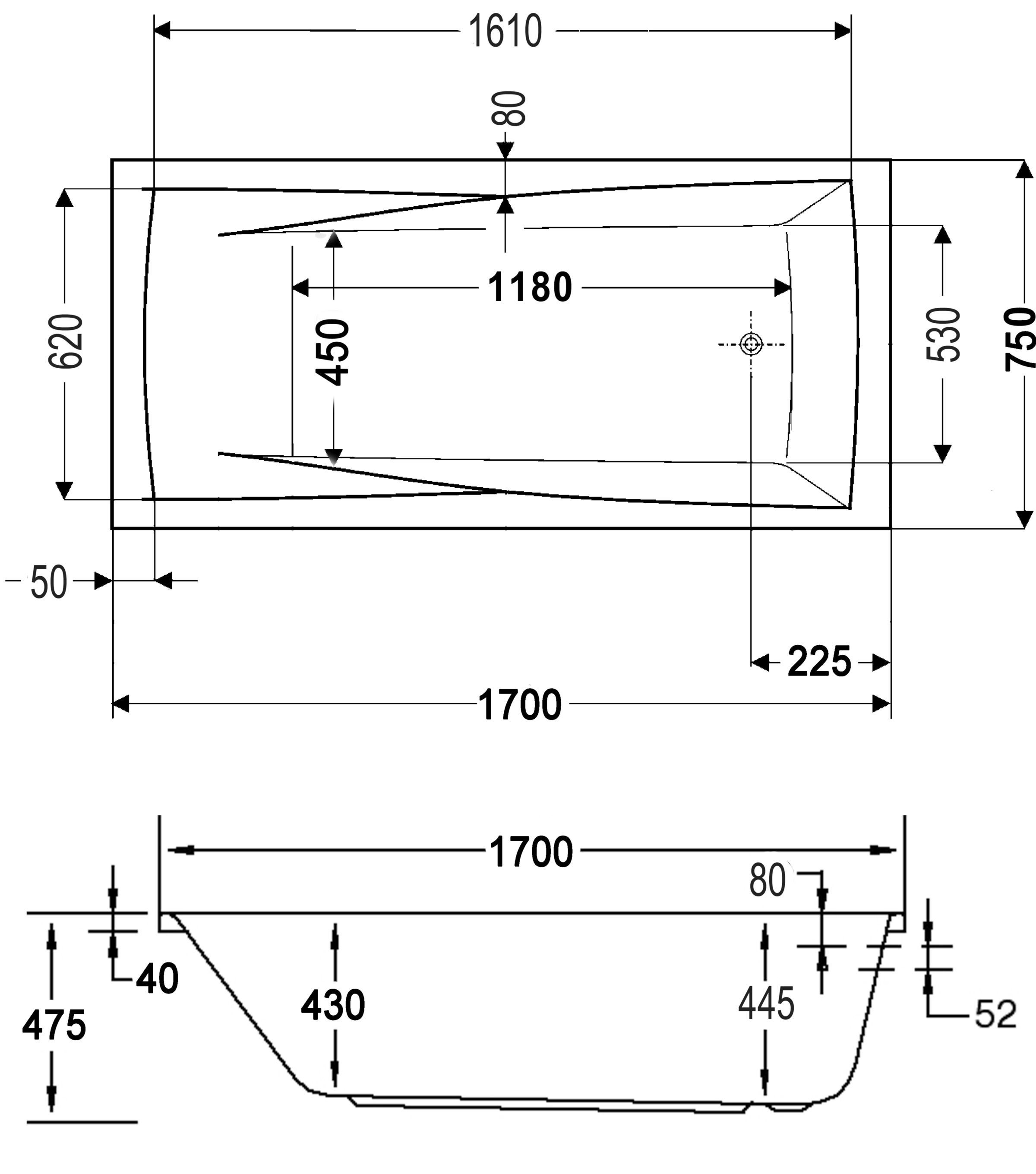 OTTOFOND Whirlpool-Badewanne »Atlanta«, (Set), 170x75 cm, inkl. 1 Nackenstütze und 2 Griffe in silbermatt