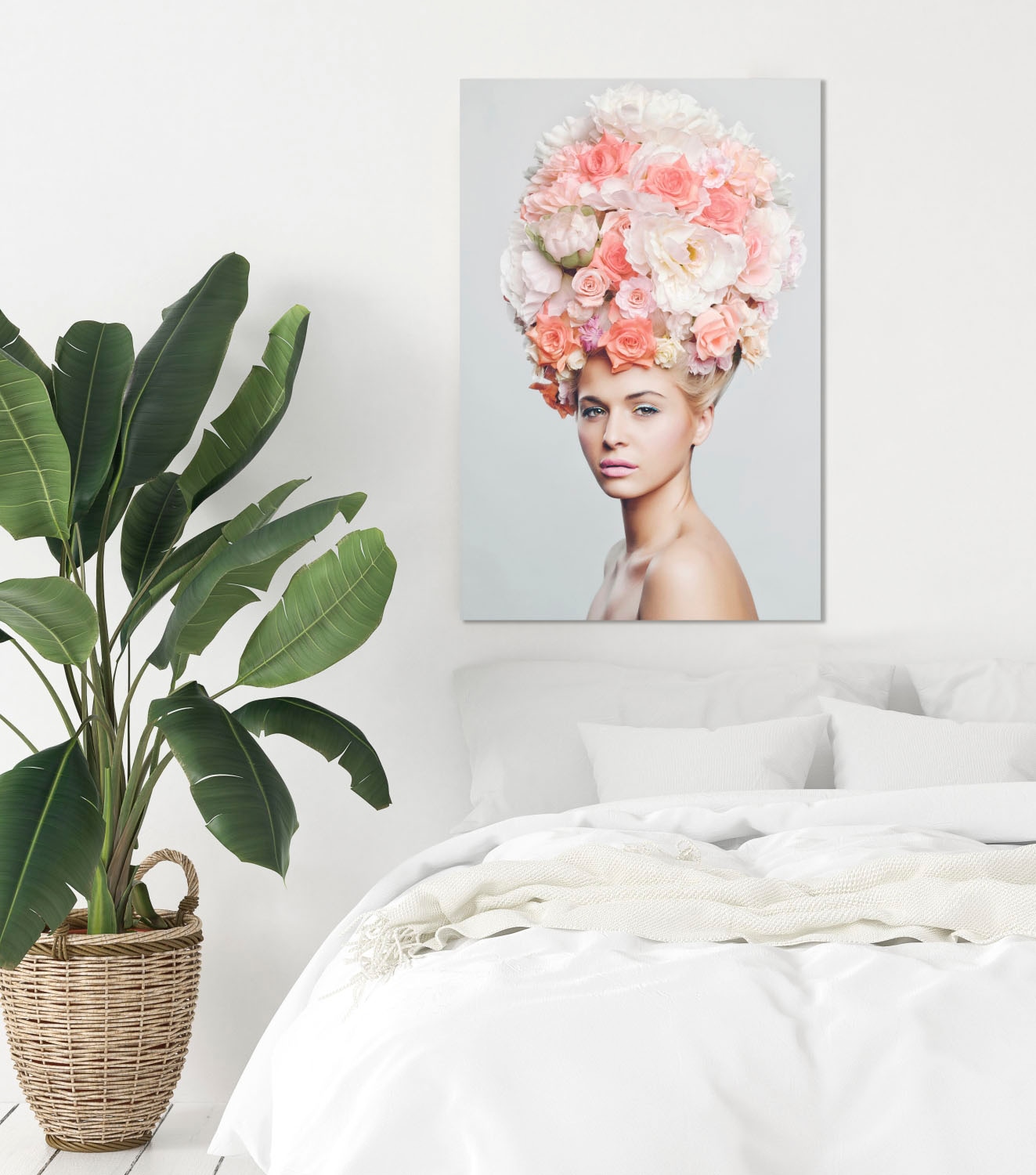 queence Acrylglasbild »Frau mit Blumenhut«, Frau-Kunst-Blumen-Bilder von Frauen-Fashion, Fine Art-Print in Galeriequalität