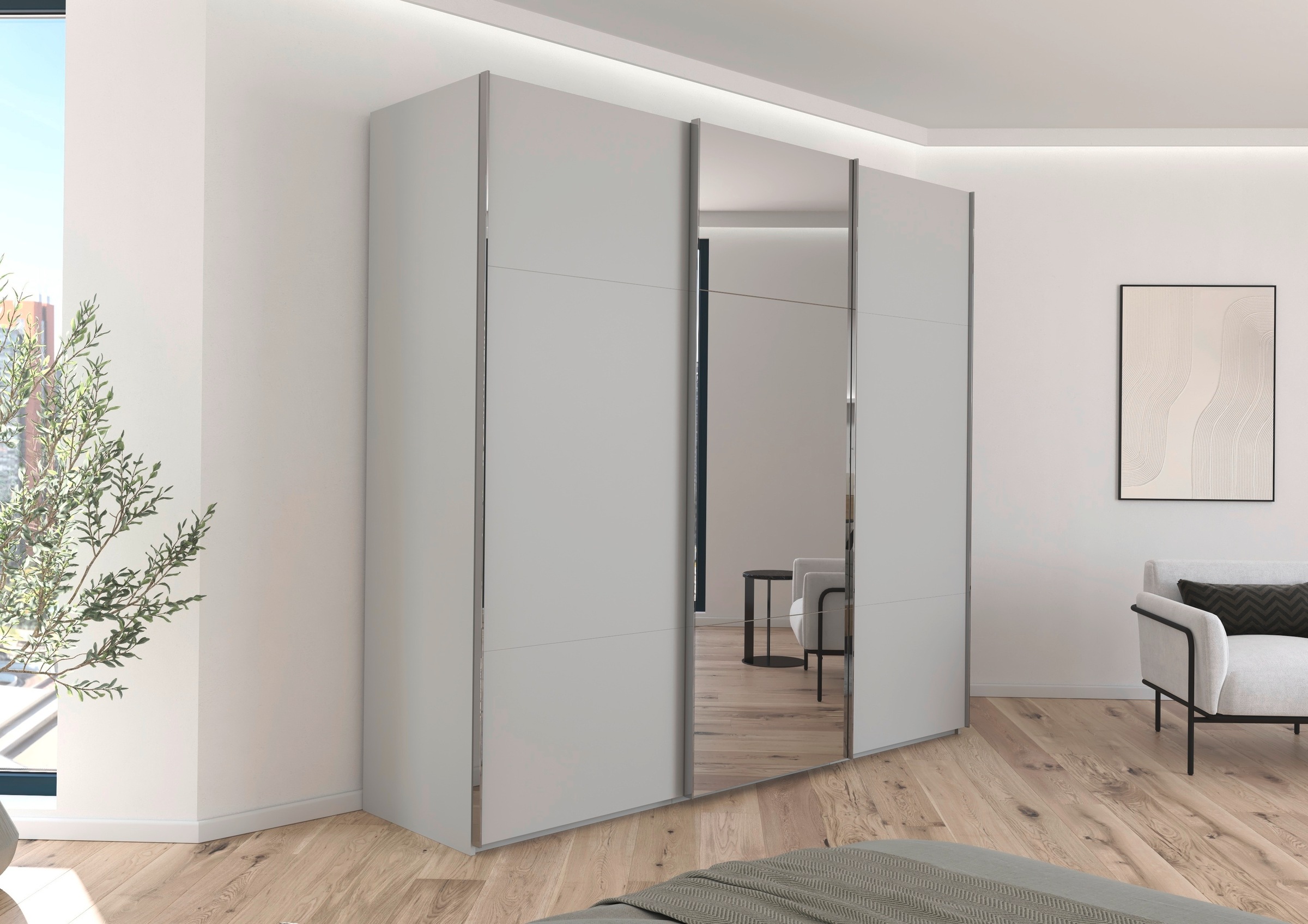 rauch Schwebetürenschrank »Kleiderschrank Schrank Garderobe Schlafzimmerschrank CONTIDO«, (in 3 verschiedenen Ausstattungen BASIC/CLASSIC/PREMIUM), aus hochwertigem Material in 6 Breiten 2 Griff-Farben MADE IN GERMANY