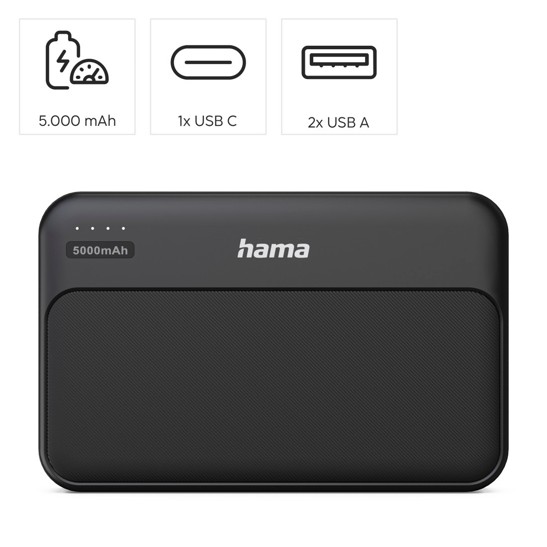 Hama Powerbank »Powerbank 5000 mAh mit 2x USB-A und USB-C Anthrazit« Fast Charge, LED-Kapazitätsanzeige, 2x USB-A, Schutzfunktionen