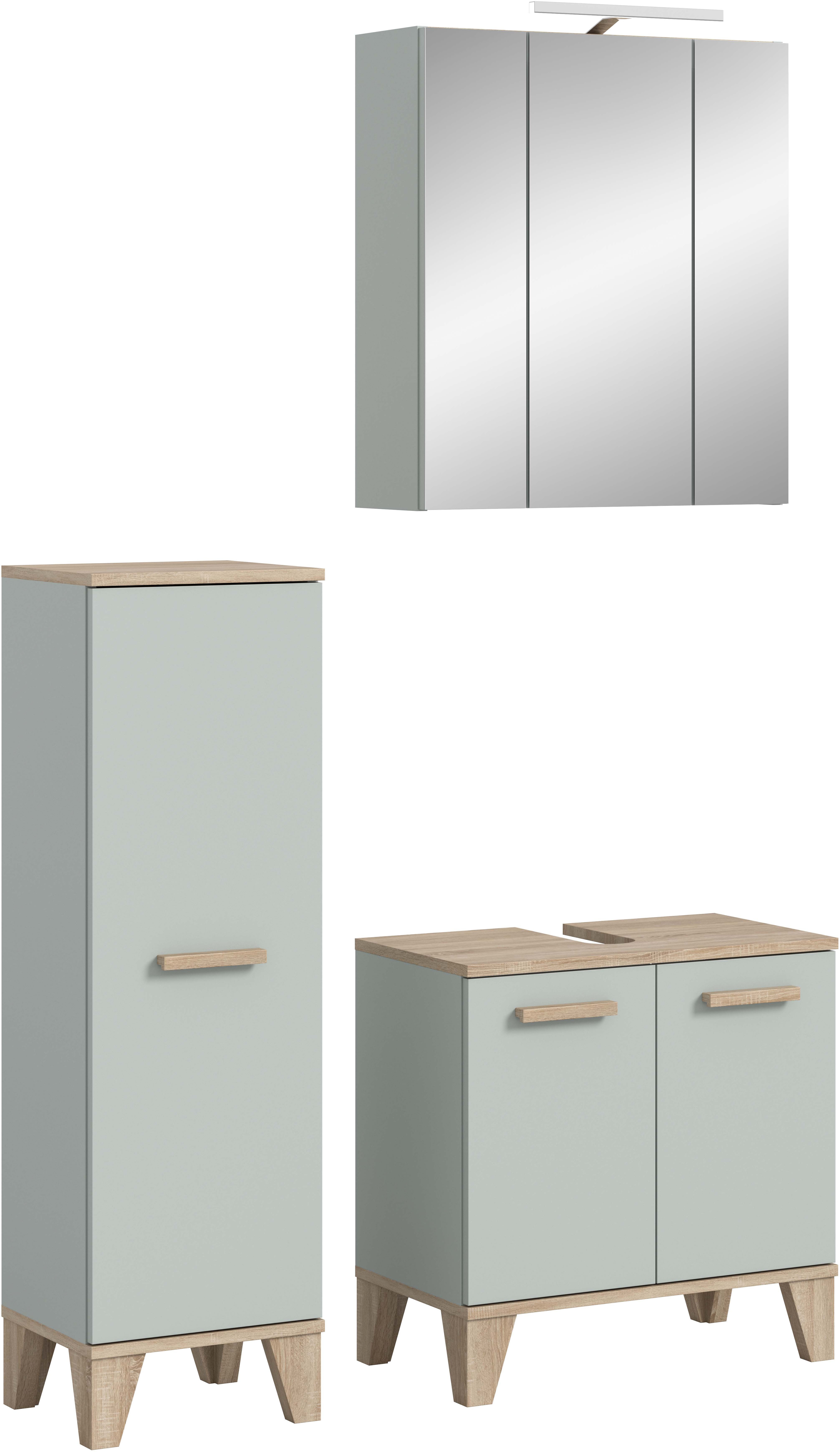 welltime Badmöbel-Set "MINTTU, 3-teilige moderne Badkombi im SCANDI-Look, inkl. Beleuchtung" bestehend aus: Midischrank, Waschbeckenunterschrank & Spiegelschrank, 3 Stk. tlg.
