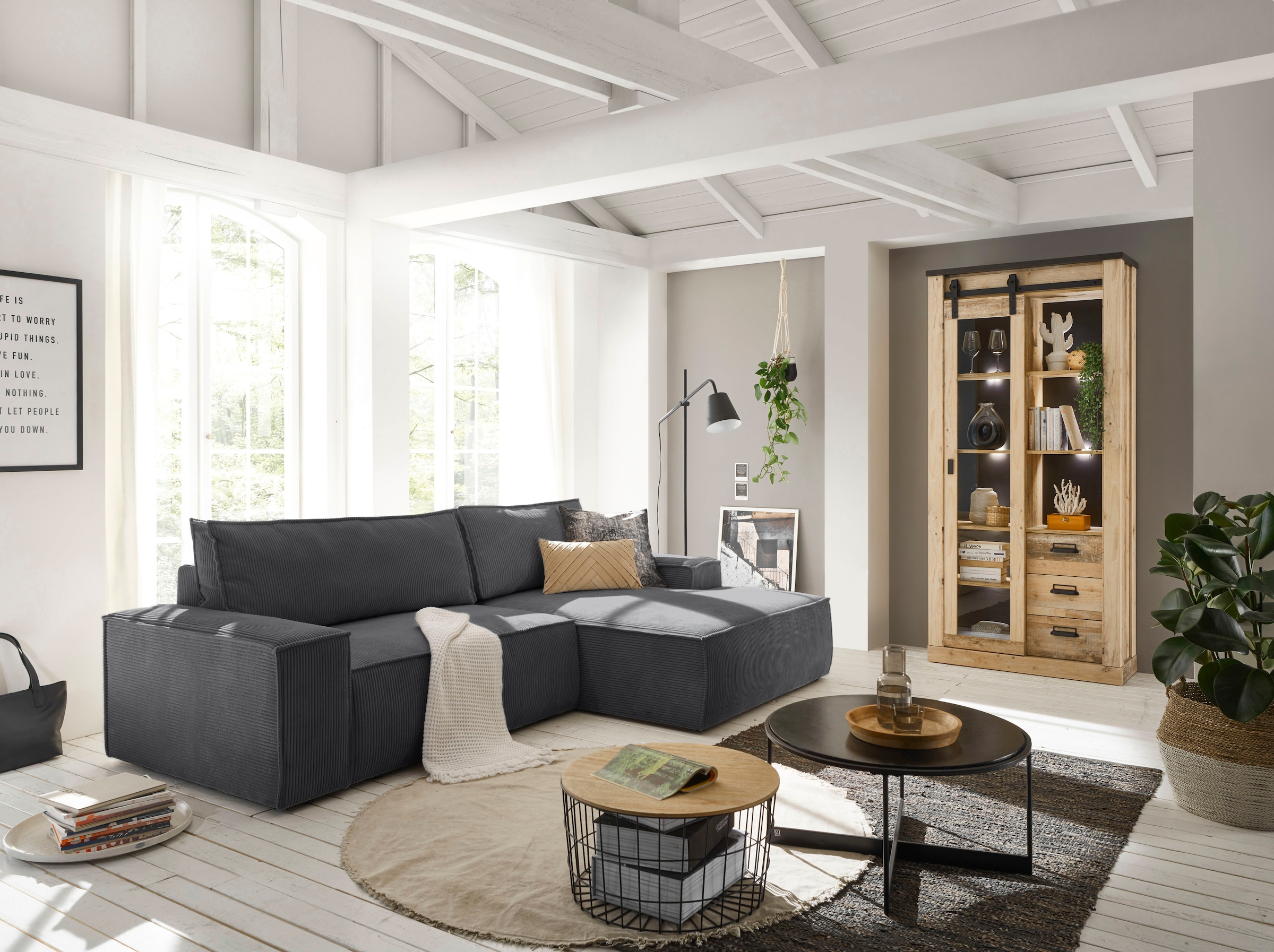 OTTO home Ecksofa »SHERWOOD L-Form, 267 cm - OTTO. Verlässliche Qualität.« Schlaffunktion mit Bettkasten (210x136 cm), Cord, Vintage, Samtvelours