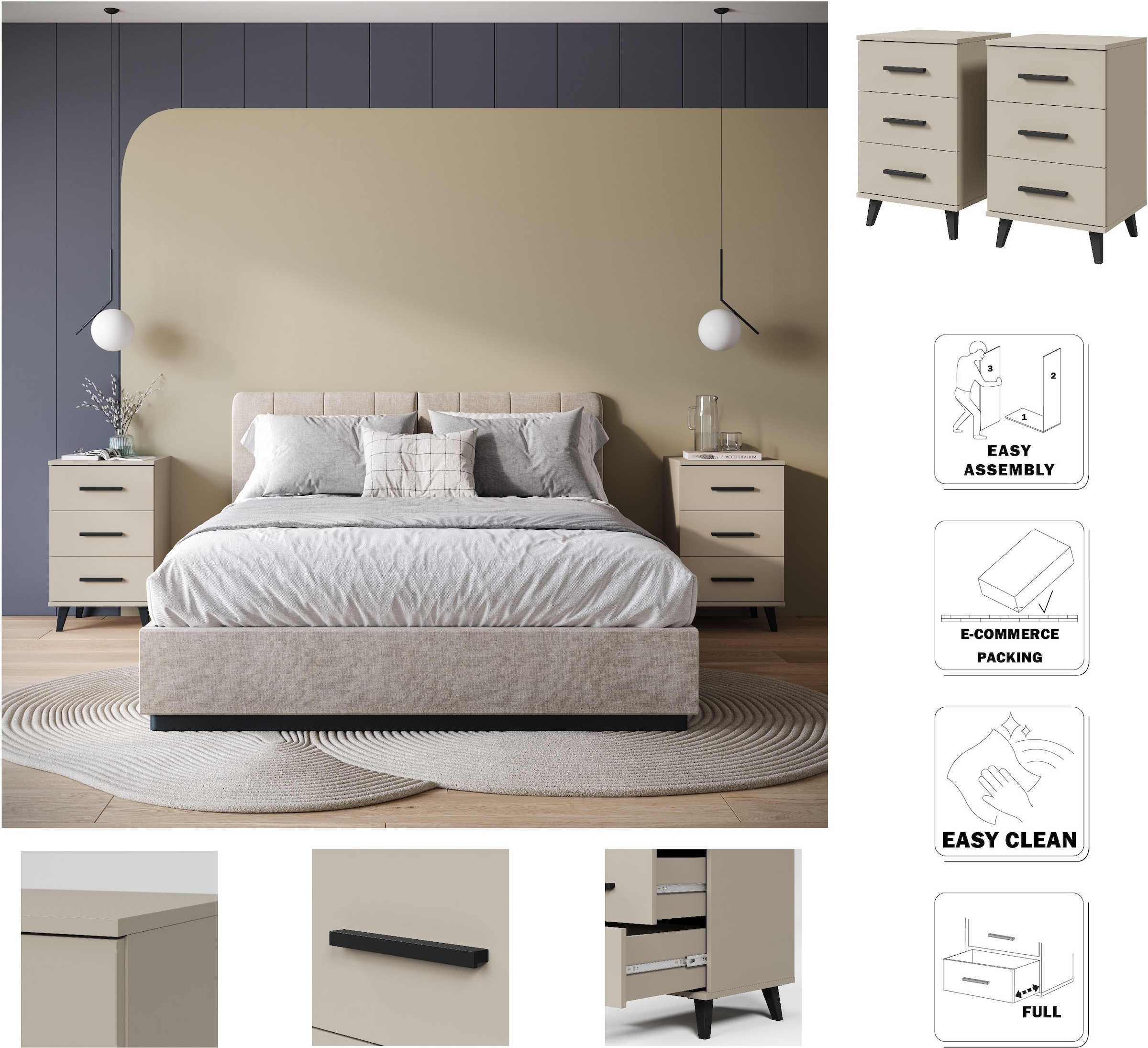 INOSIGN Nachtkommode »Lagos, 2 Nachtschränke, 3 Schubladen, schwarze Griffe & Füße«, (Set, 2 St.), modernes Design, B/T/H je 40/35/65 cm, pflegeleichte Oberfläche