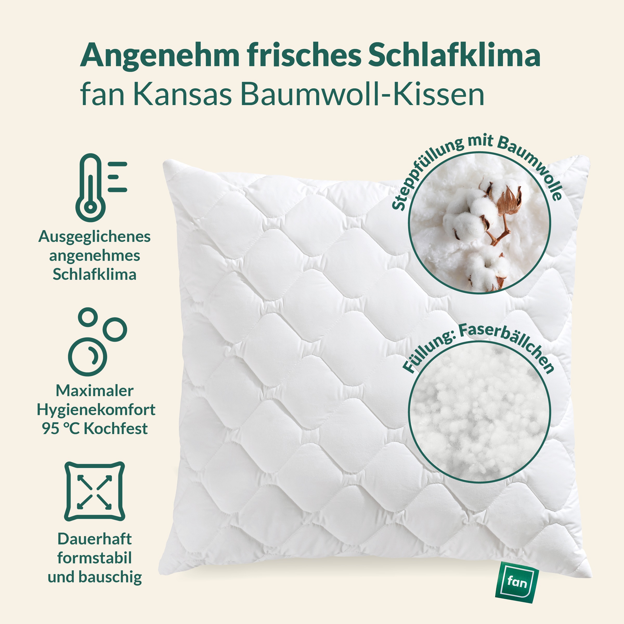fan "Kansas, mit Baumwollbezug und Reißverschluss" Füllung: 100% Microfaser 1 Stk. tlg. in 40x80 oder 80x80 cm, Kopfkissen aus Microfaser, Made in Germany