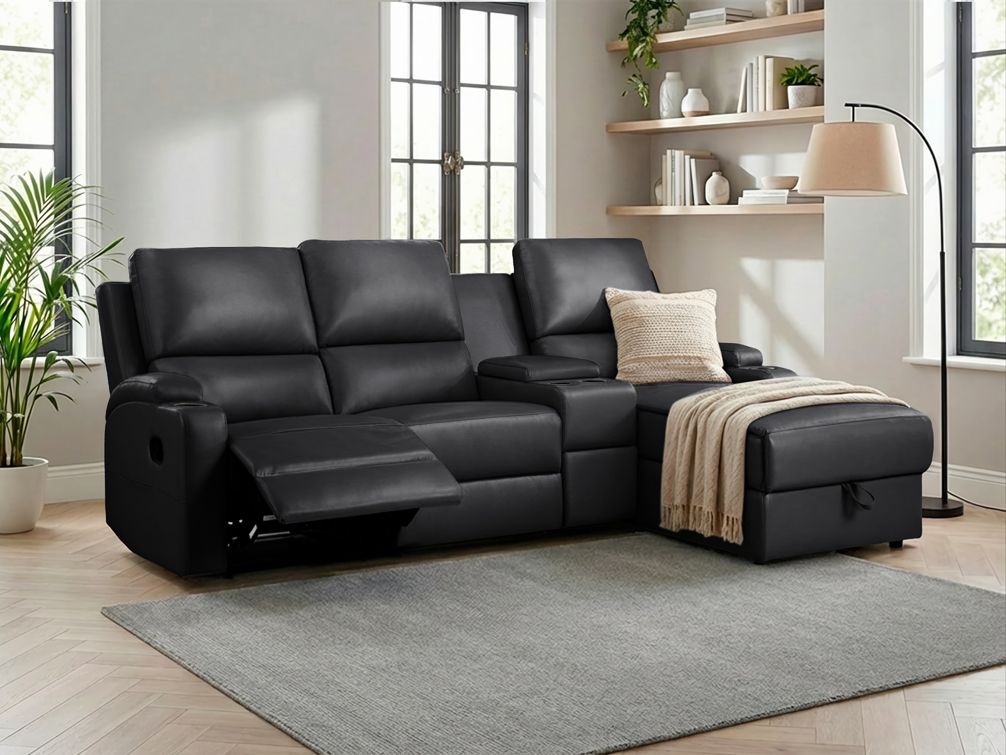 OTTO home Ecksofa "NAPORI Lederoptik, Multimediasofa, 3er Kinosessel XXL, L-Form" Kinosofa, manuelle o. elektr. Relaxfunktion, Staufach, Getränkehalter