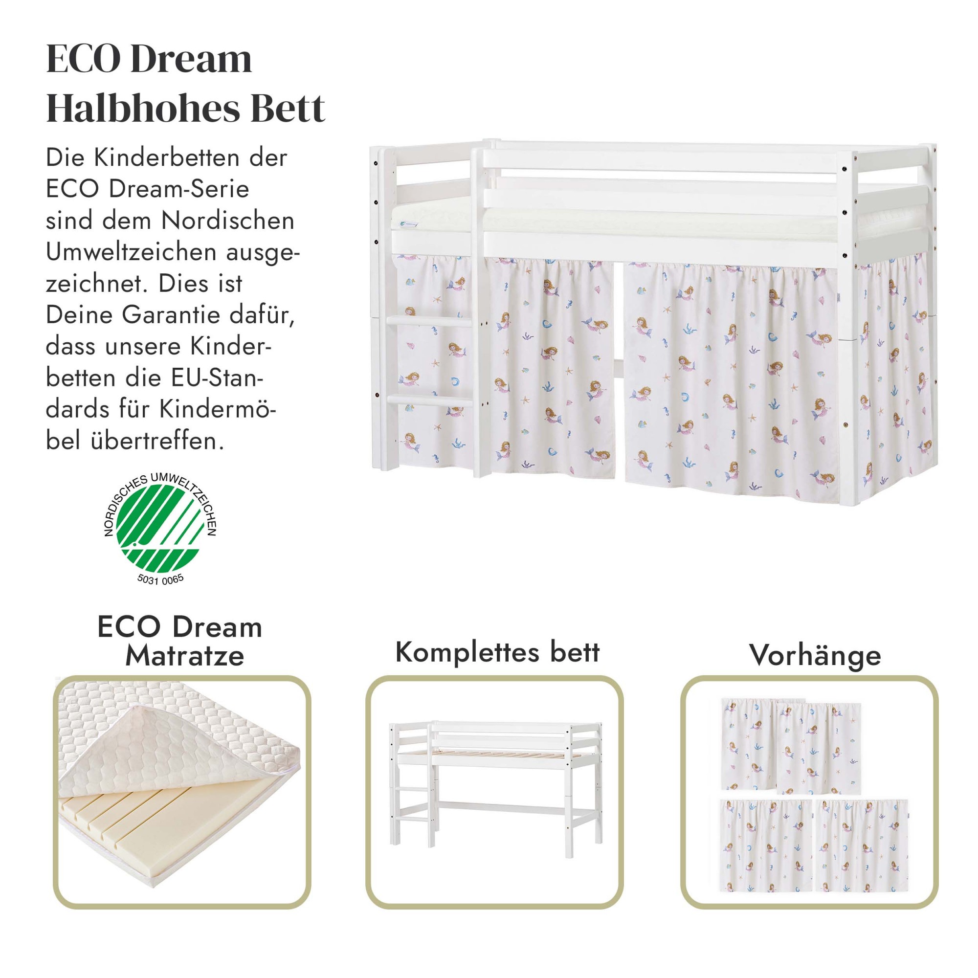 Thumbnail - Hoppekids Spielbett "ECO Dream, Hochbett, umbaubar in Einzelbett", Massivholzbett mit Meerjungfrau-Vorhang, Matratze & 2...