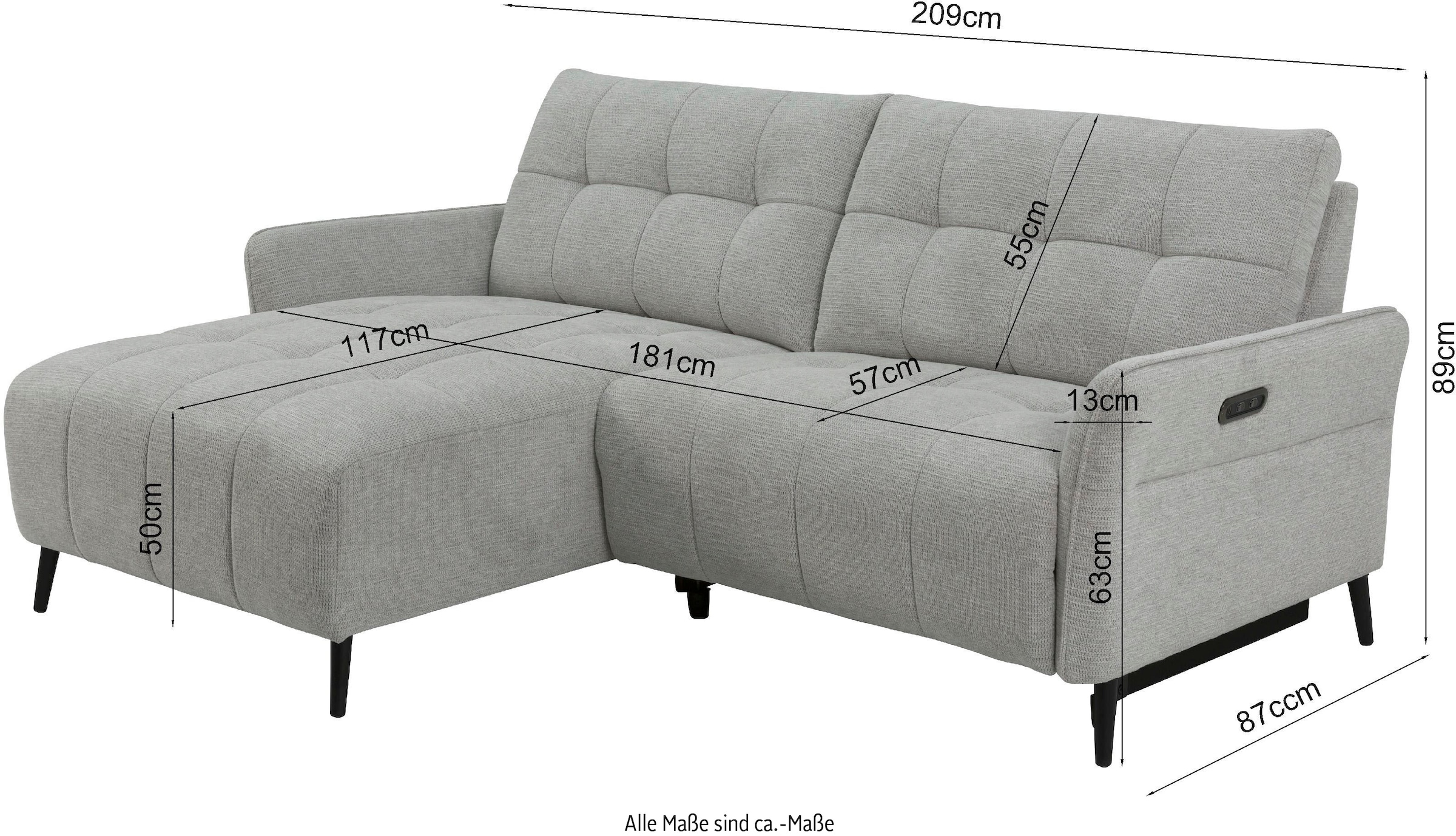 INOSIGN Ecksofa »DENIO 3-Sitzer, L-Form (Breite 209cm), elektr. Relaxfunktion, USB-A/C«, Liegefunktion durch Recliner, Federkernpolsterung
