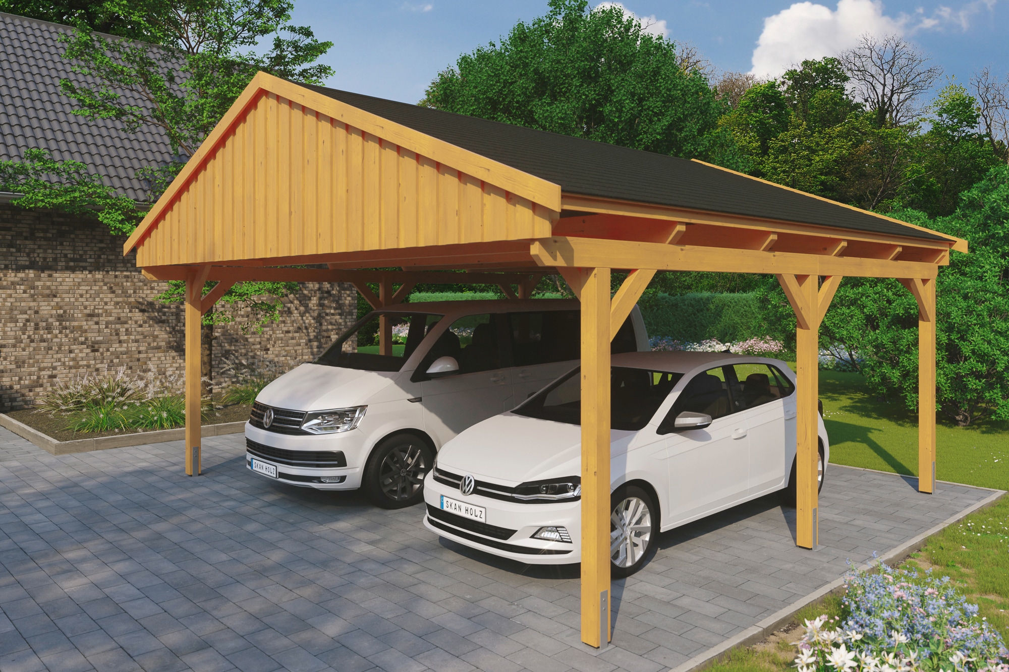 Skanholz Doppelcarport "Fichtelberg" Leimholz hellbraun mit schwarzen Schindeln