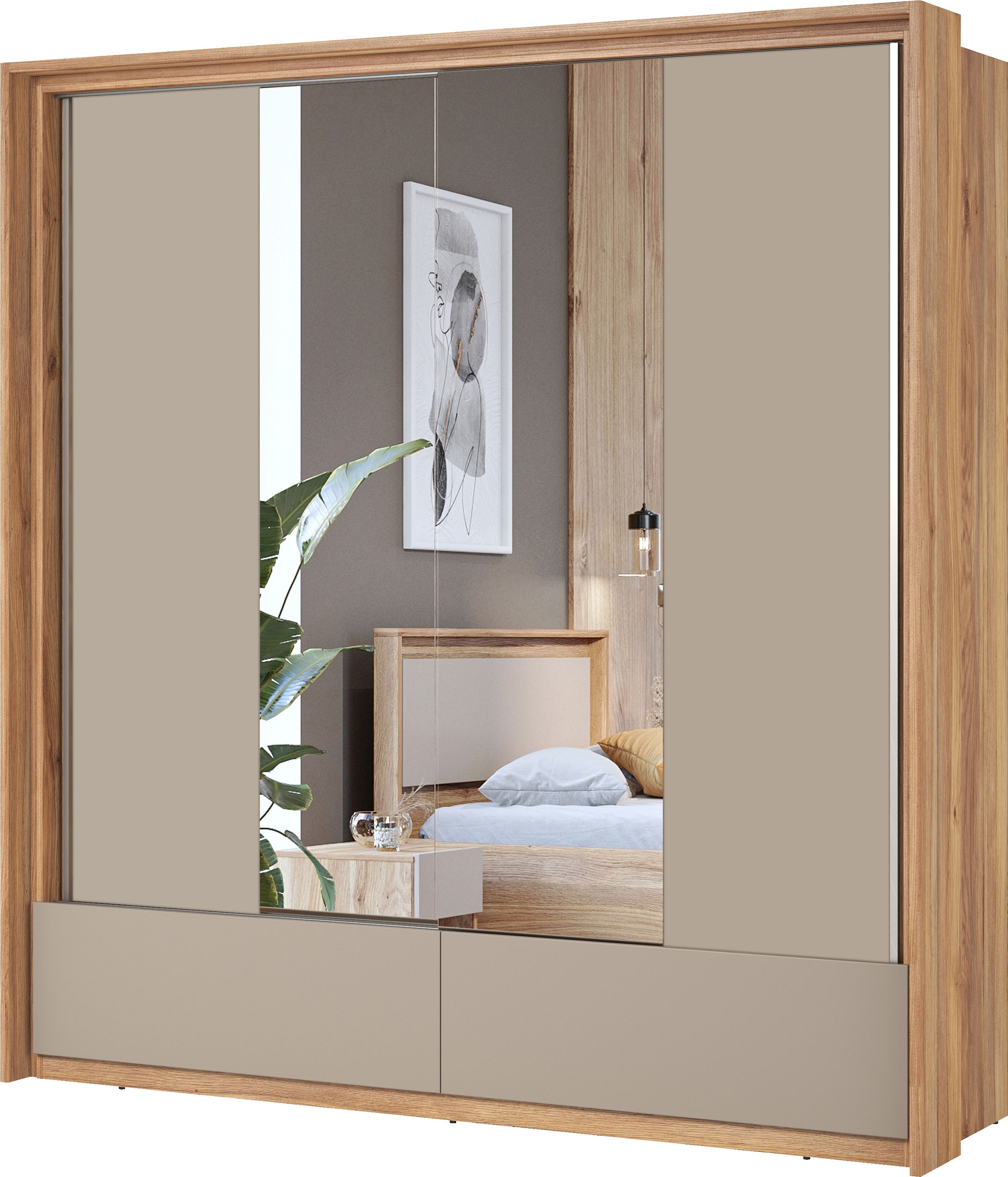 INOSIGN Schwebetürenschrank »Wharton, Breite 159 oder 209 cm, Kleiderschrank incl. Innenausstattung«, Wäscheschrank, 2 Schubkästen, 2 Spiegel, Metallgriffe, Garderobe