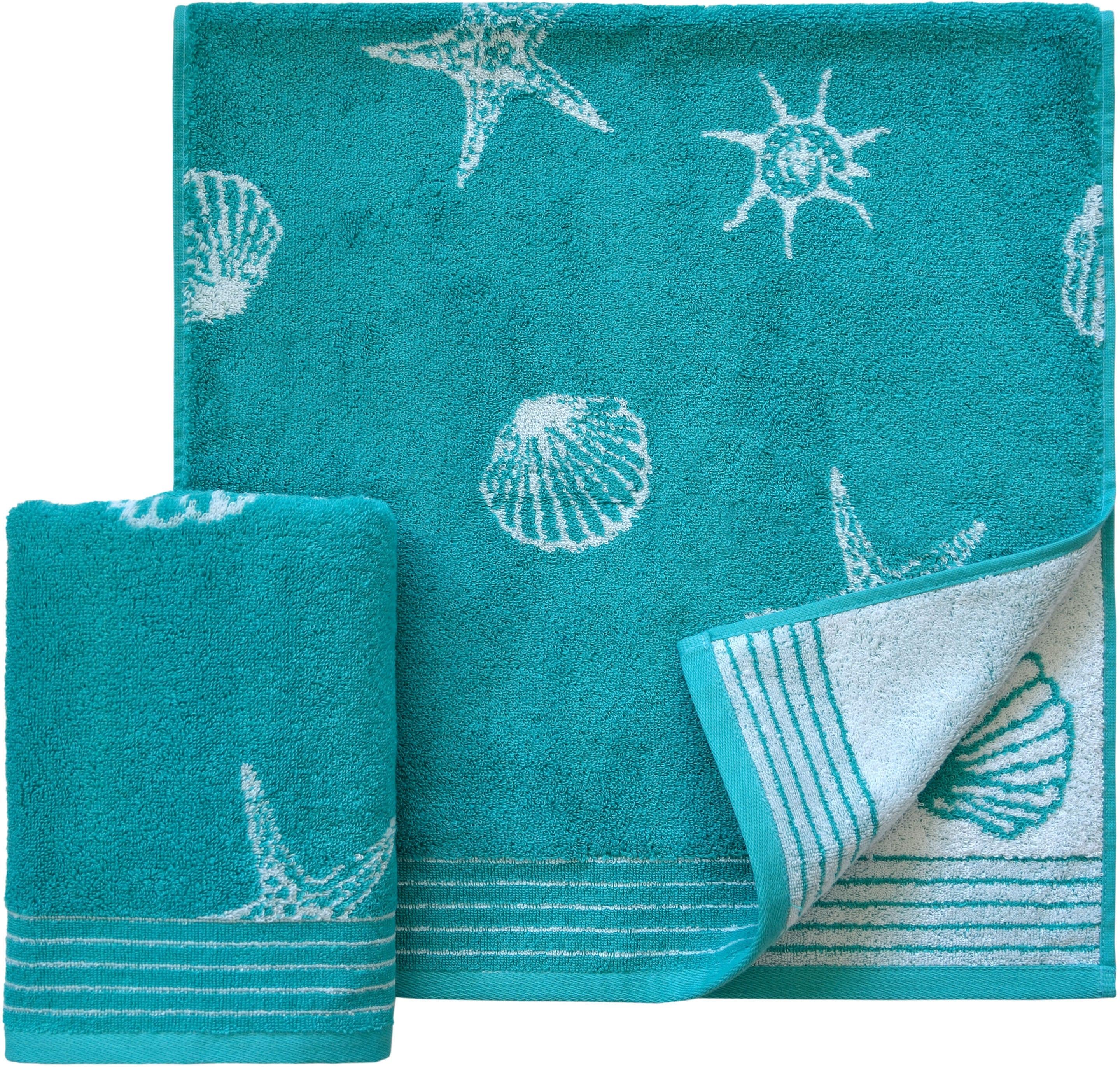Handtücher DYCKHOFF, B:50cm L:100cm, blau, Walkfrottee, Obermaterial: 100% Baumwolle, Handtücher, "Seashell", mit Muschelmuster