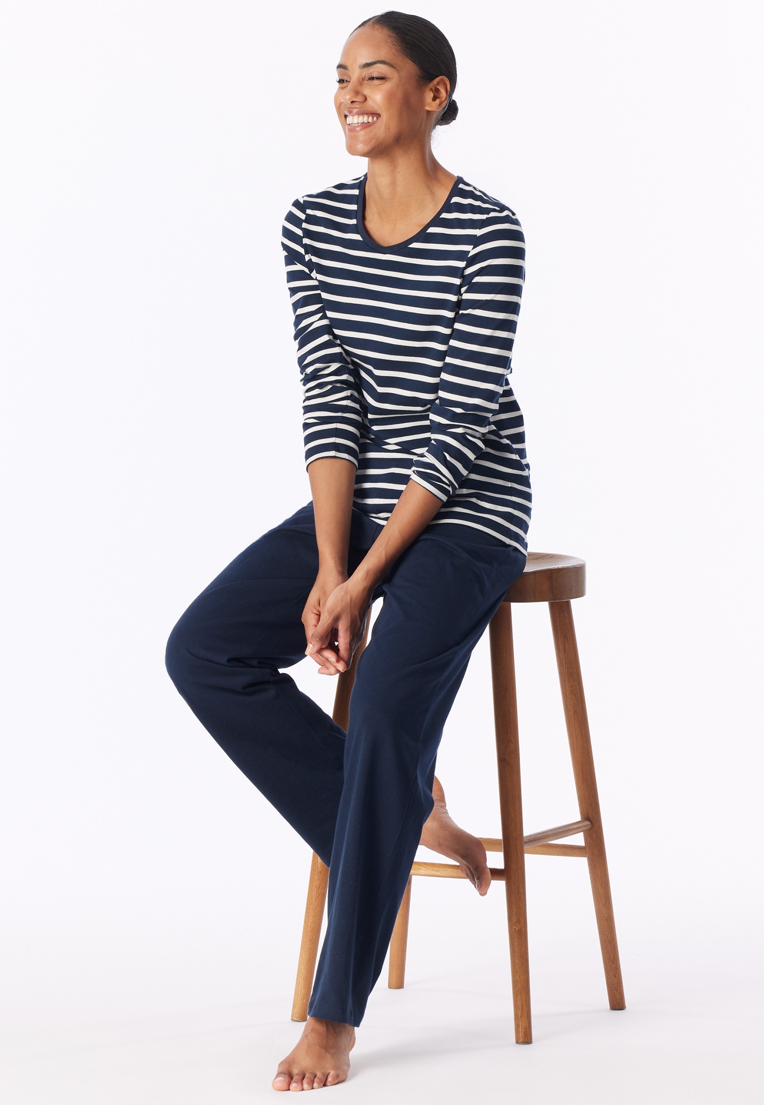 Schiesser Schlafanzug "Casual Essentials" 2 tlg. Baumwolle, V-Ausschnitt, langärmelig