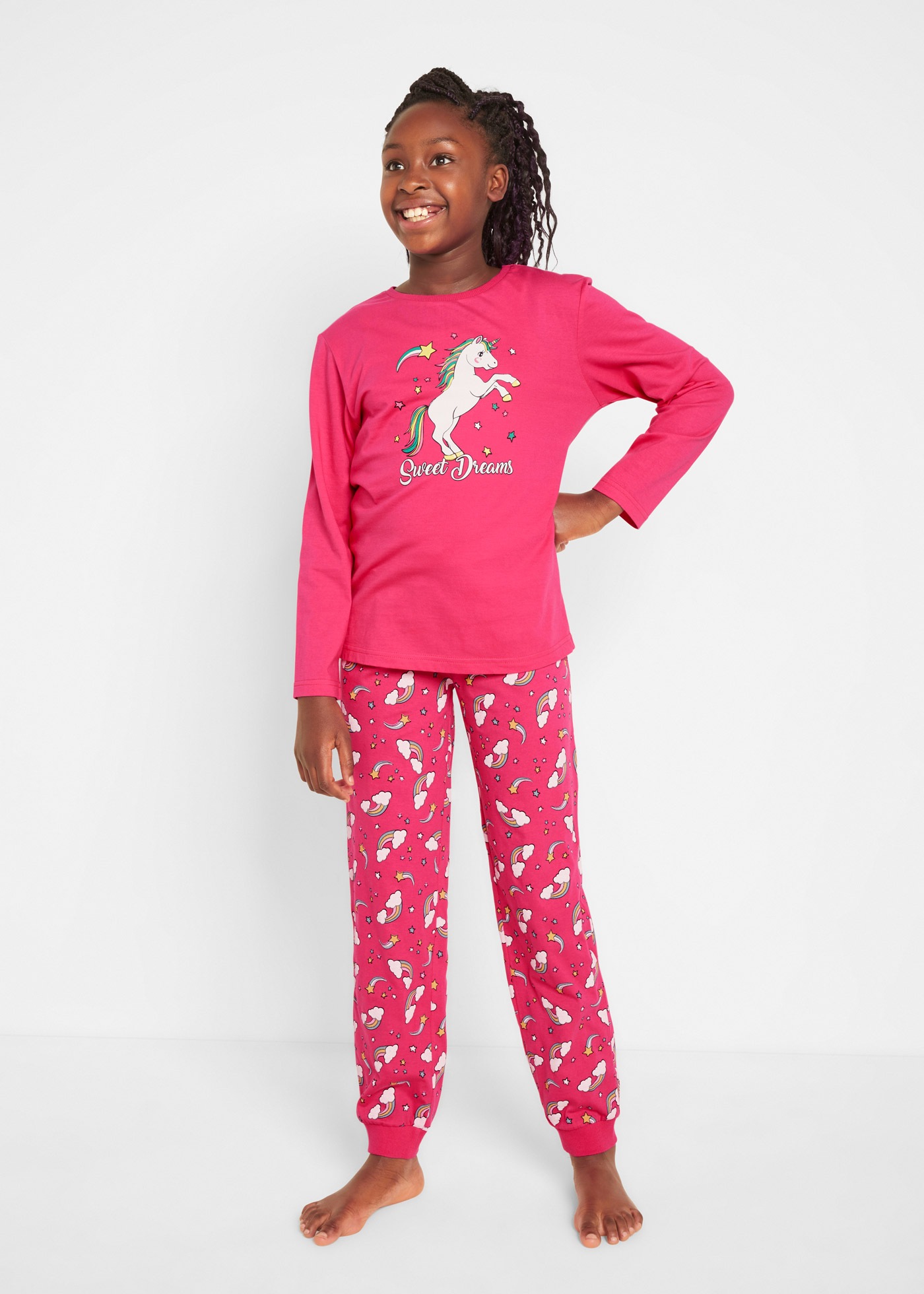 BONPRIX Mädchen Pyjama "Pyjama aus reiner Baumwolle (2-tlg. Set)", Gr. 164, rosa, Jersey, Obermaterial: 100% Baumwolle, bedruckt, Homewear-Sets,