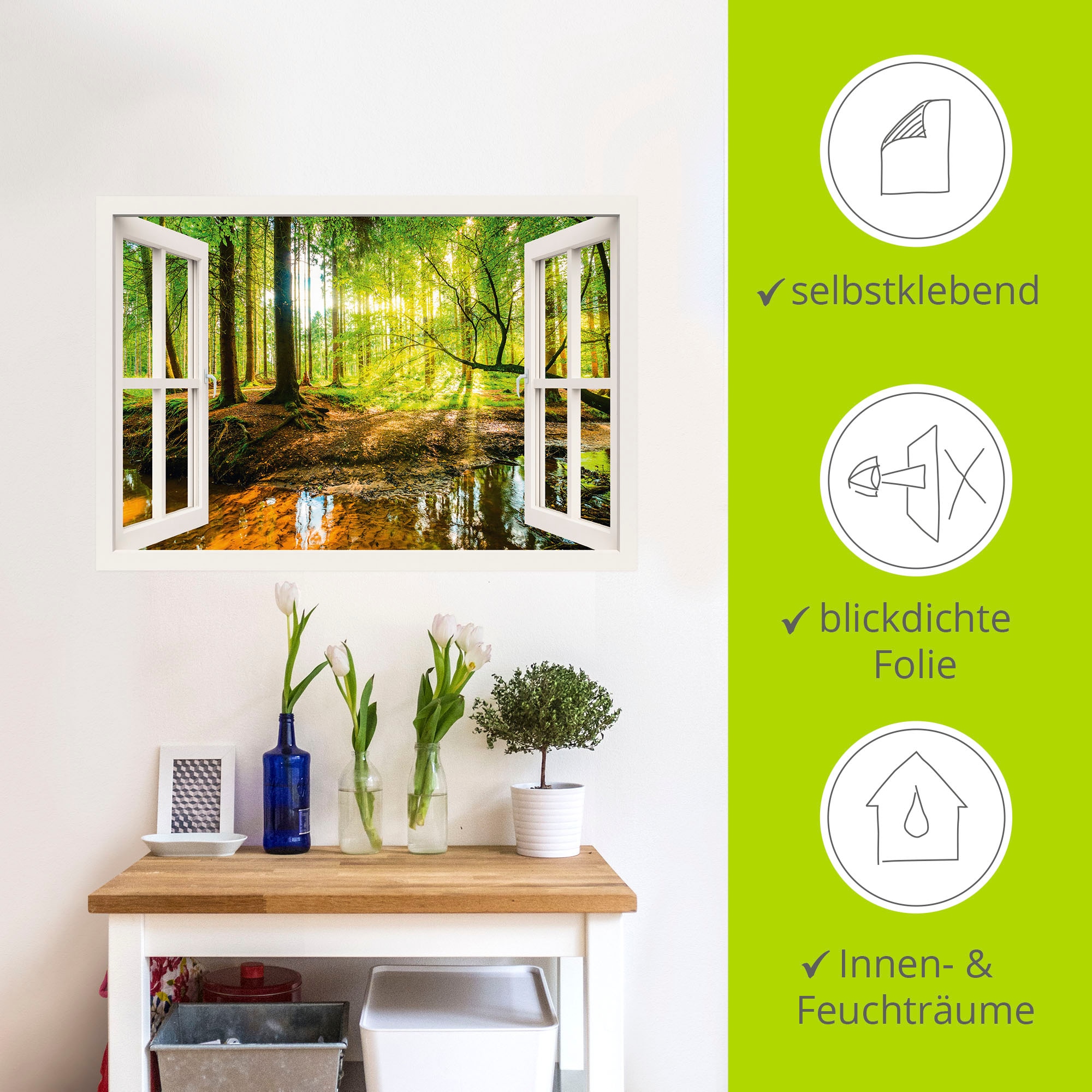 Artland Wandbild »Fensterblick - Wald mit Bach«, Wald, (1 St.), als Leinwandbild, Poster, Wandaufkleber in verschied. Größen