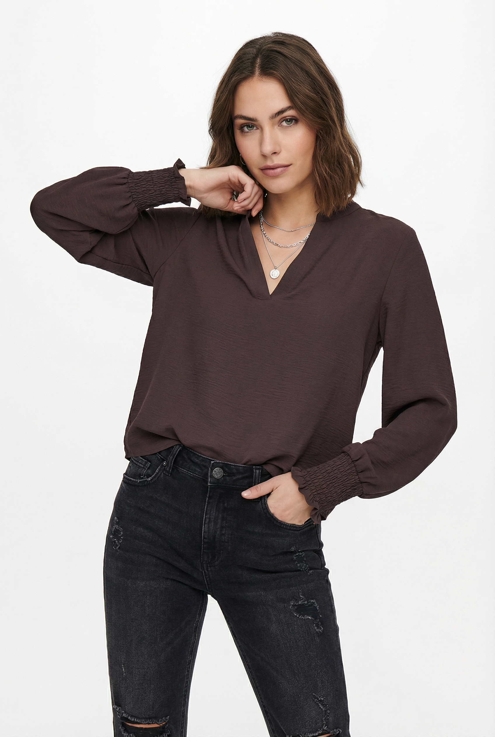 ONLY 1100000002199 "ONLMETTE V-NECK LS SMOCK TOP NOOS WVN" Kunstfaser, regular fit