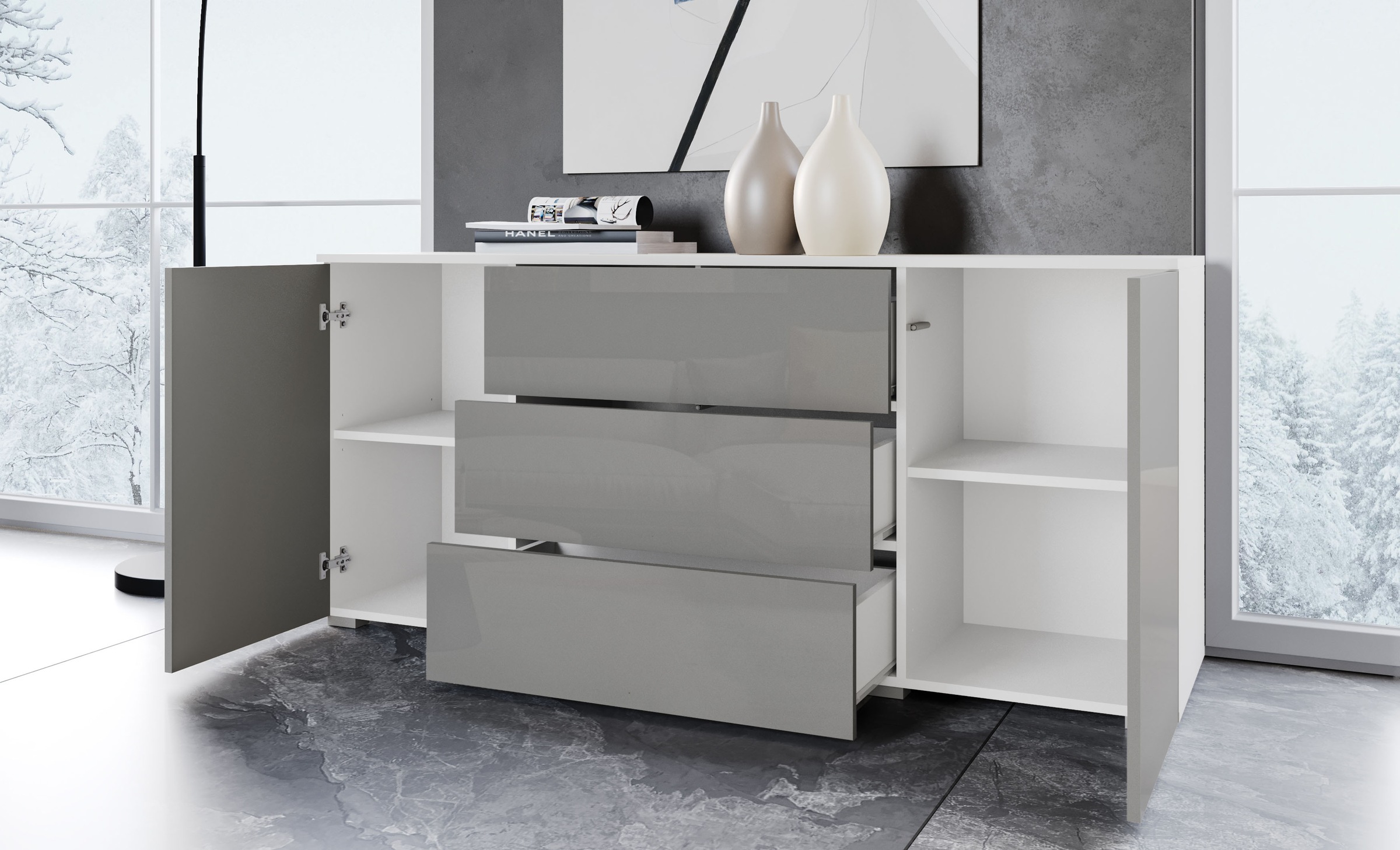 INOSIGN Sideboard »PARIS«, (1 St.), Moderne 150cm breite grifflose Kommode, vielseitig einsetzbar