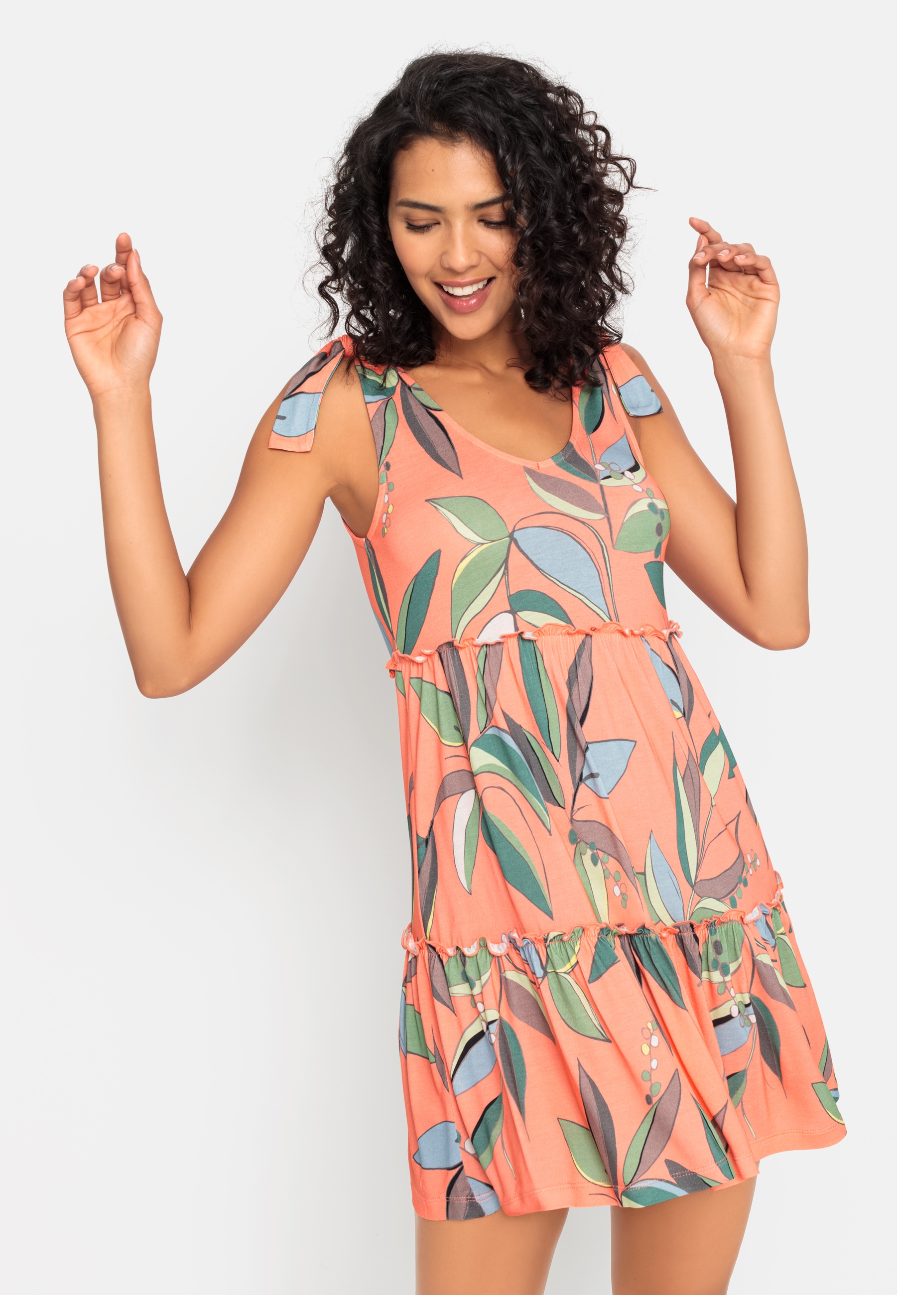Jerseykleid, mit Alloverdruck und geknoteten Trägern, kurzes Sommerkleid