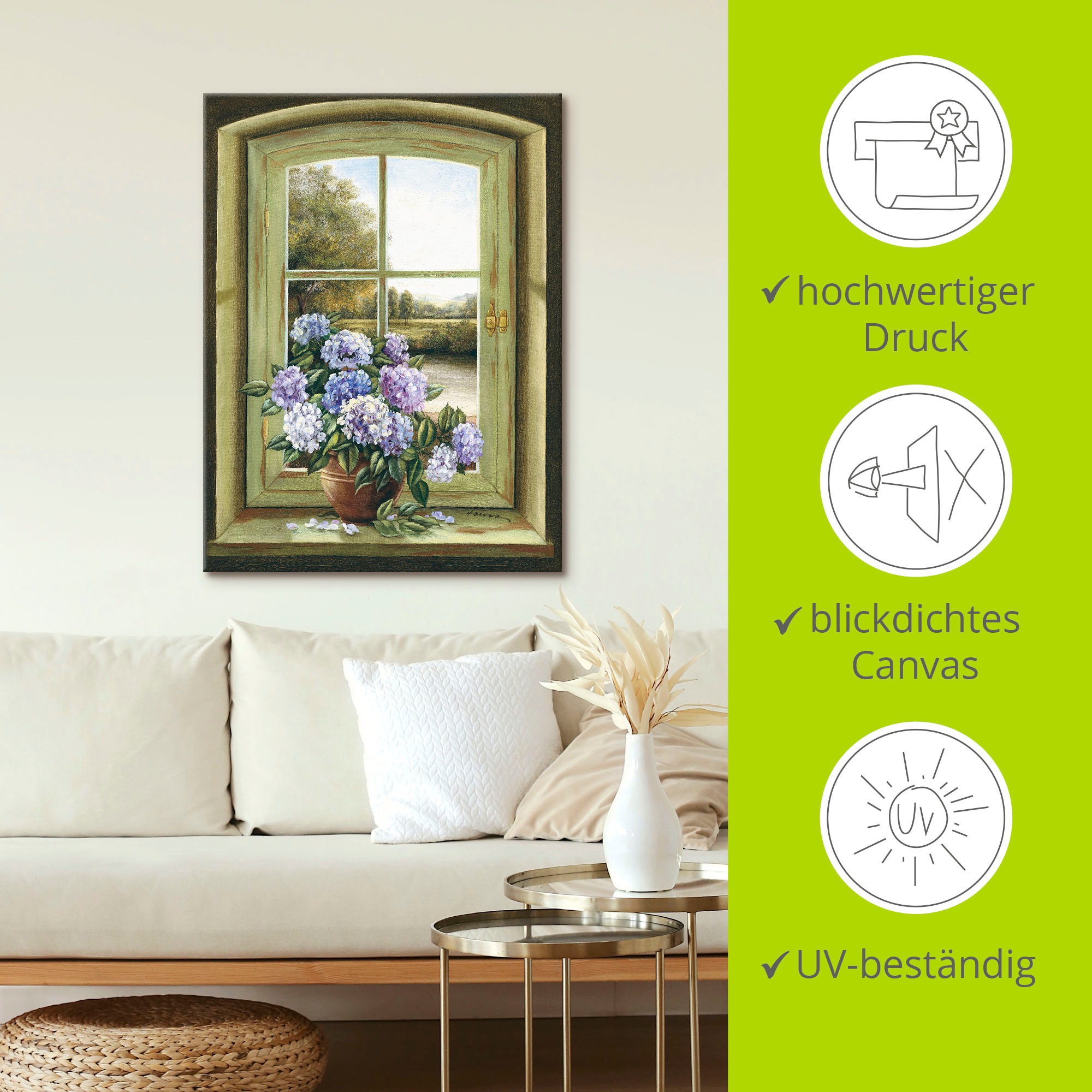 Artland Wandbild »Hortensien am Fenster«, Arrangements, (1 St.), als Alubild, Outdoorbild, Leinwandbild, Poster, Wandaufkleber