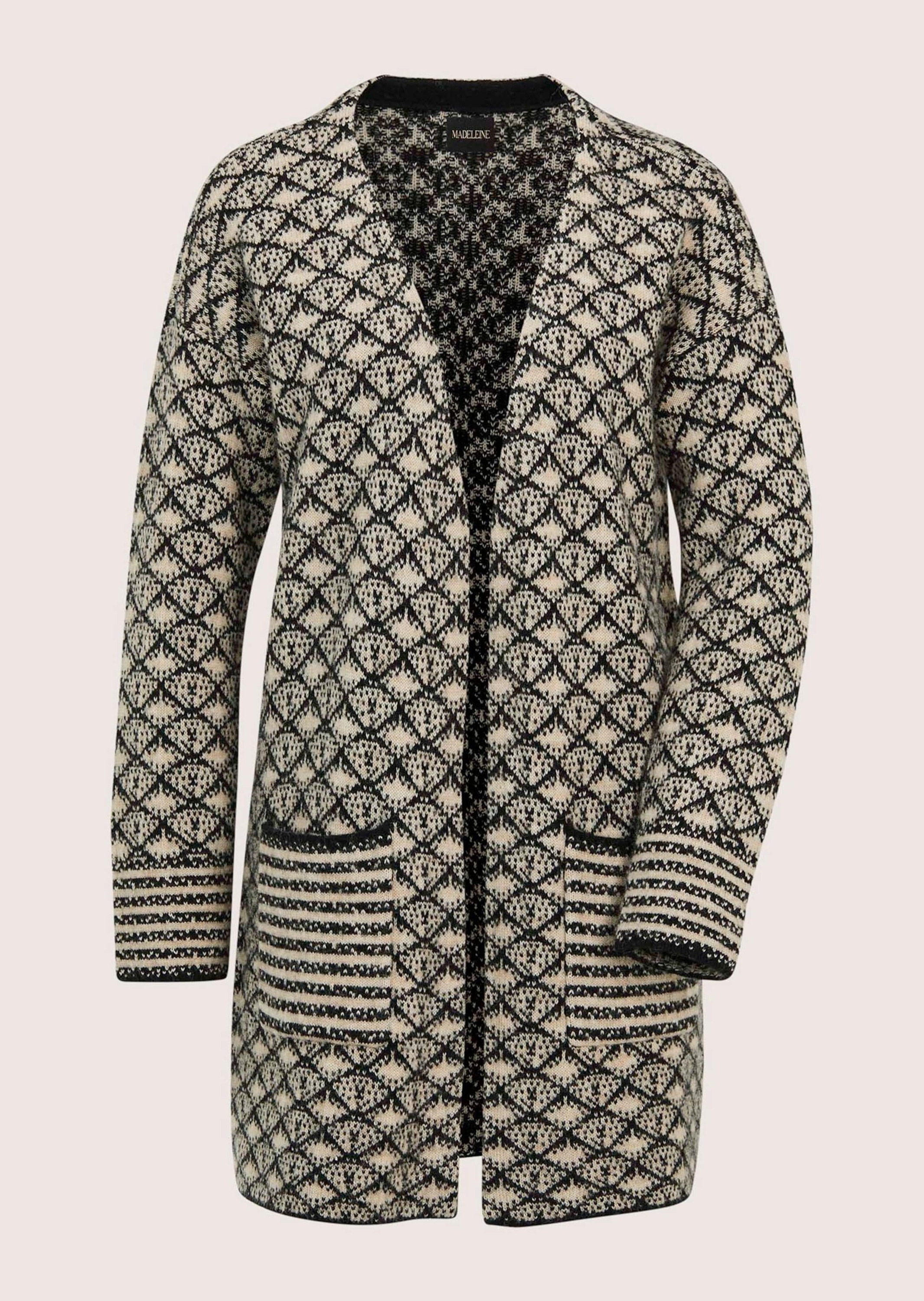 Strickjacke MADELEINE "Strickjacke Herbstcardigan mit grafischem Muster", Damen, Gr. 40/42, schwarz (caramel, schwarz), Obermaterial: 46% Polyamid PA. 38% Wolle WO. 16% Alpaka WP., Modern, figurumspielend, Strickjacken Strickjacke, Oversized Strickjacke l 3